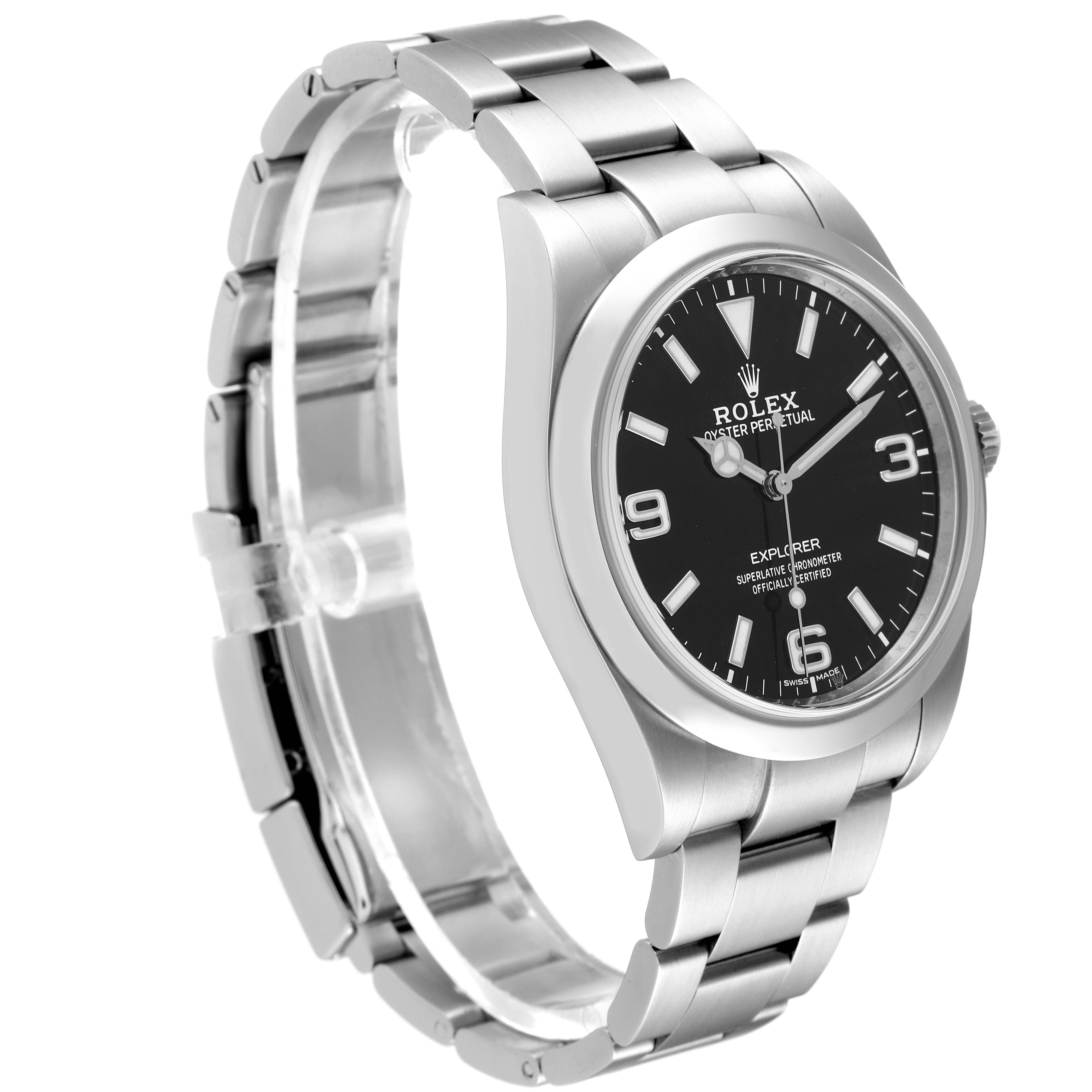 The image shows a side angle of the Rolex Explorer 214270 Men's Stainless Steel Black Dial 214270 Men's Stainless Steel Black Dial watch, highlighting its stainless steel bracelet and black dial.