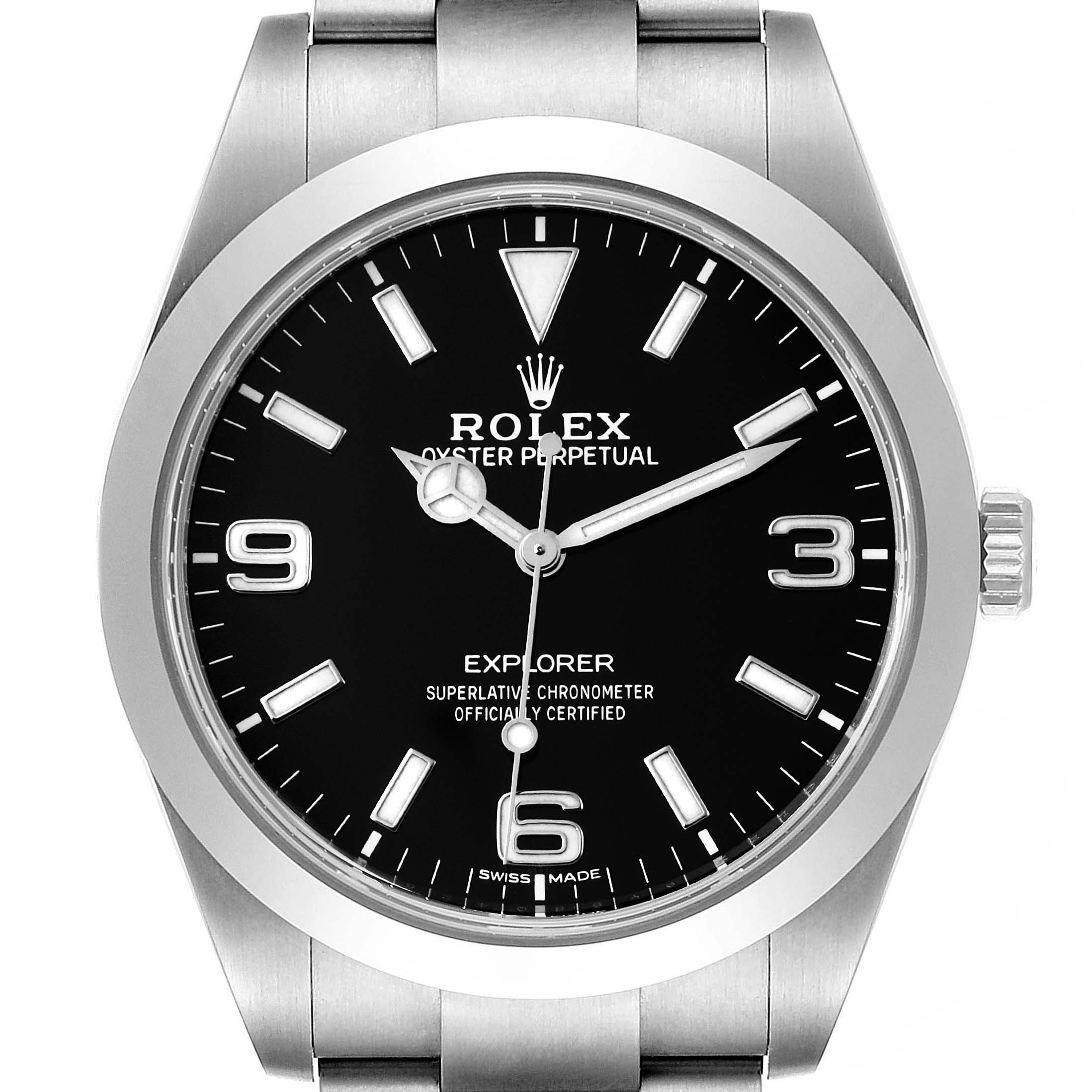 The image shows a frontal view of a Rolex Explorer 214270 Men's Stainless Steel Black Dial 214270 Men's Stainless Steel Black Dial watch, highlighting its face, bezel, and part of the bracelet.