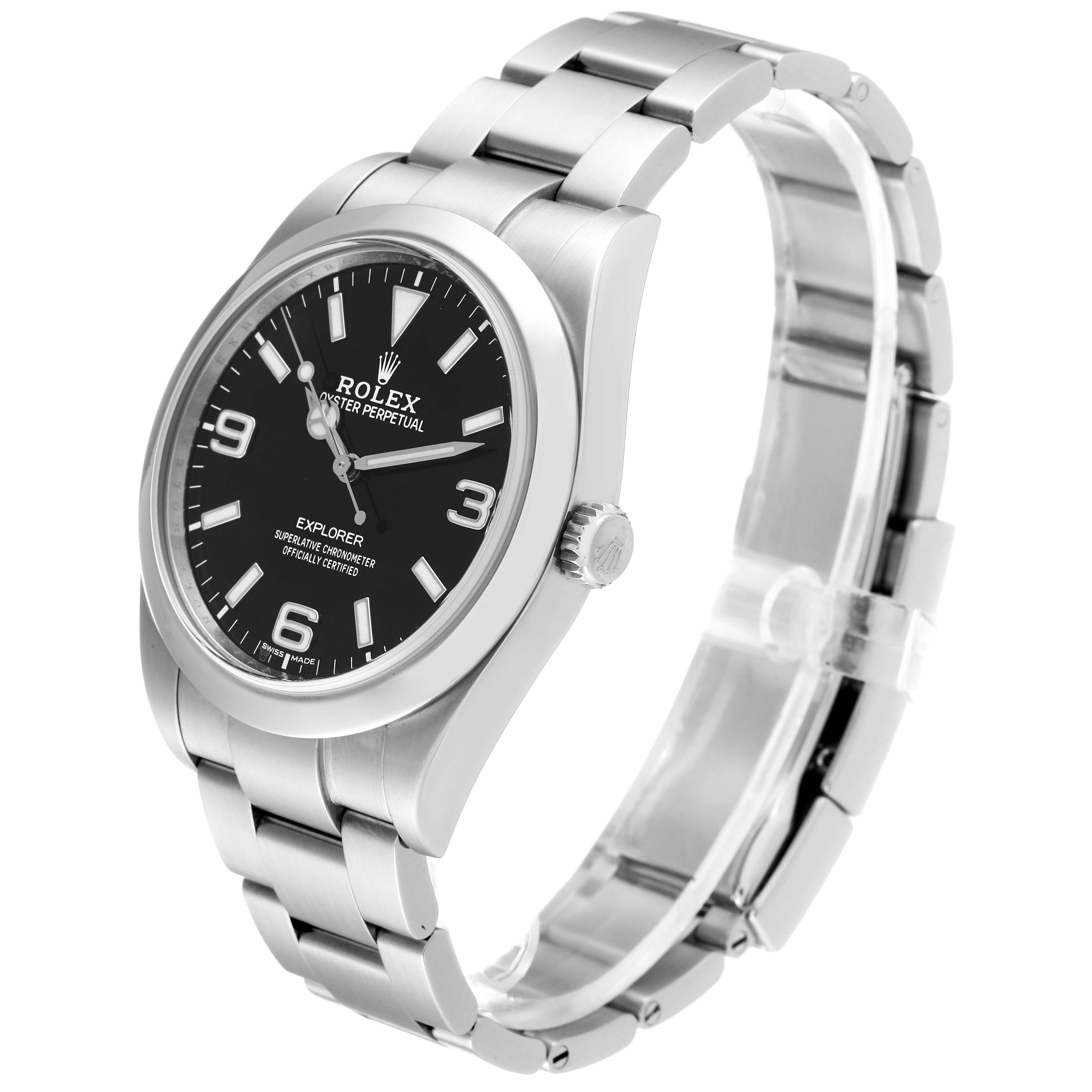 The image shows the Rolex Explorer 214270 Men's Stainless Steel Black Dial 214270 Men's Stainless Steel Black Dial watch at a side angle, featuring the watch face, crown, and bracelet.