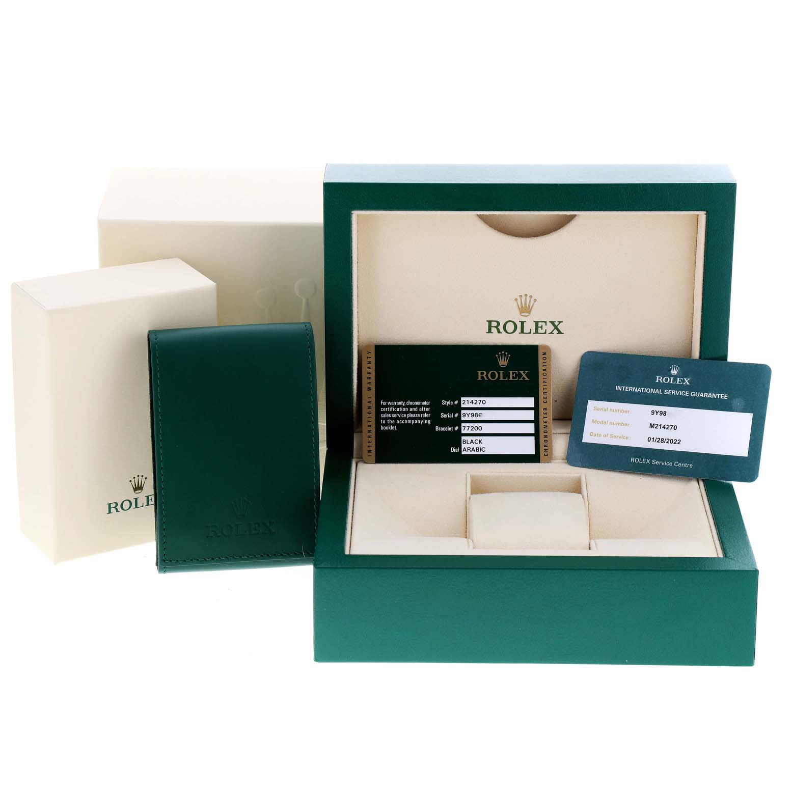 This image shows the packaging, warranty cards, and accessories for a Rolex Explorer 214270 Men's Stainless Steel Black Dial 214270 Men's Stainless Steel Black Dial watch.