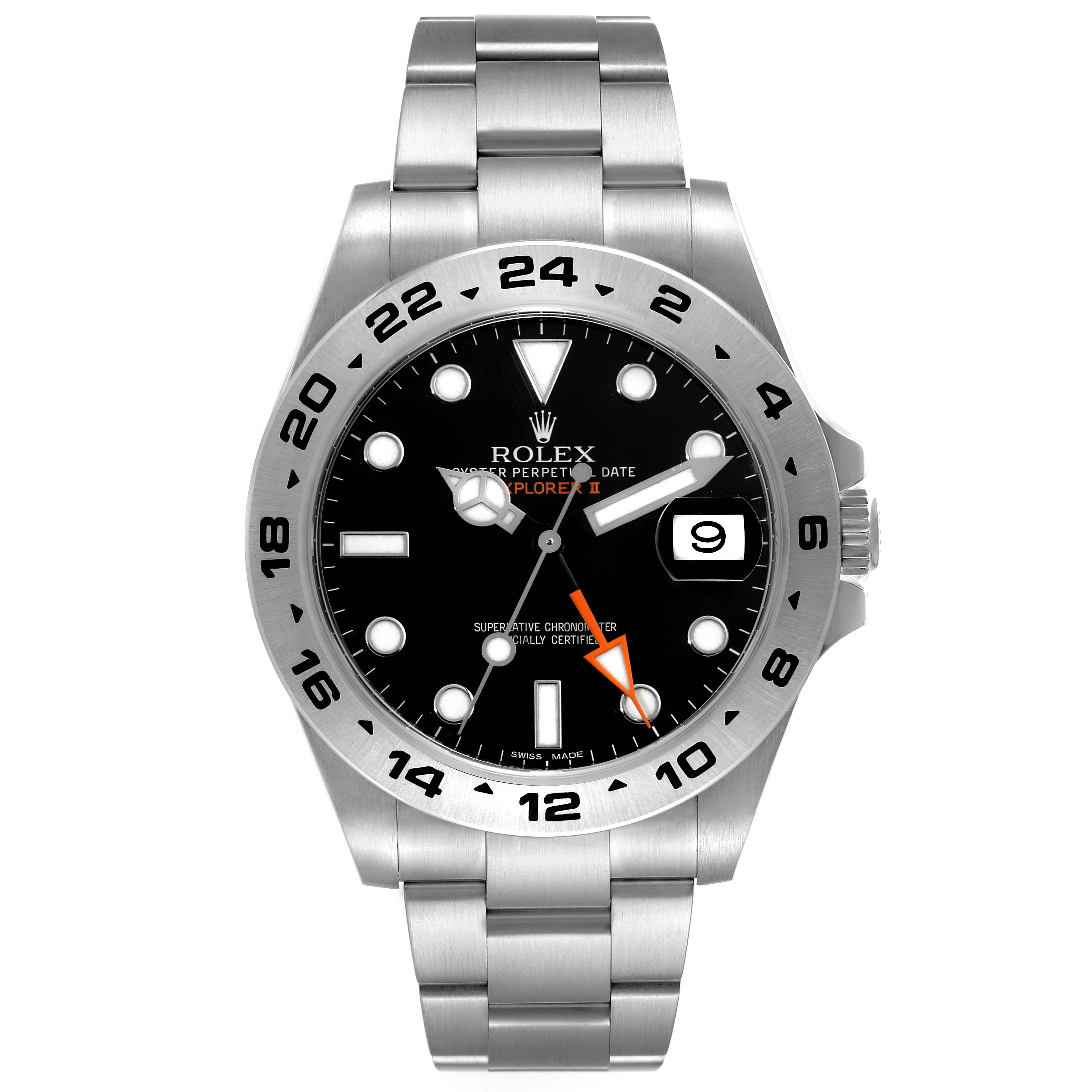 The image shows a front view of a Rolex Explorer 216570 Men
s Stainless Steel Black Dial 216570 Men
s Stainless Steel Black Dial watch, highlighting its dial, hands, bezel, and bracelet.