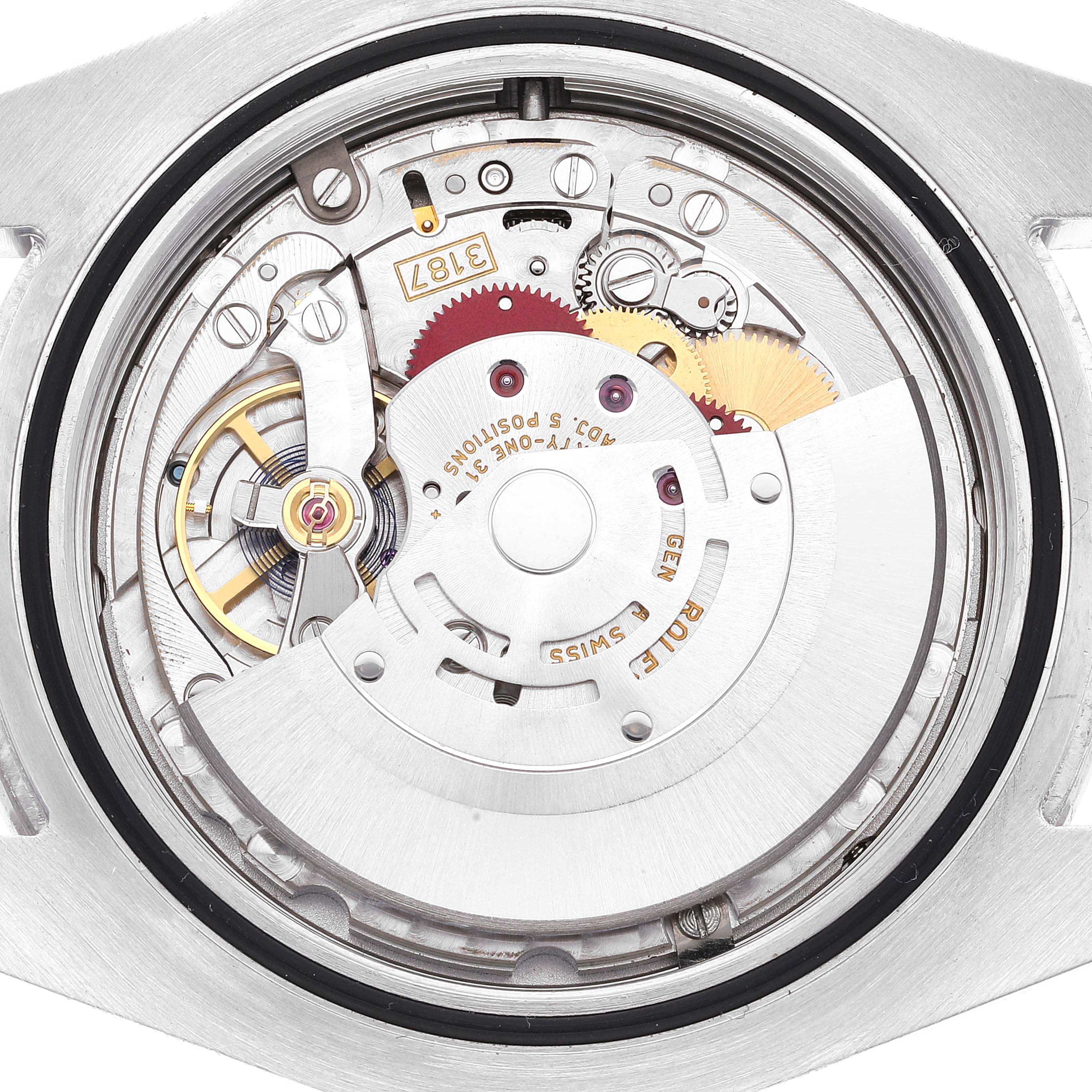 This image shows the internal mechanism of the Rolex Explorer 216570 Men
s Stainless Steel Black Dial 216570 Men
s Stainless Steel Black Dial watch at a top-down angle.