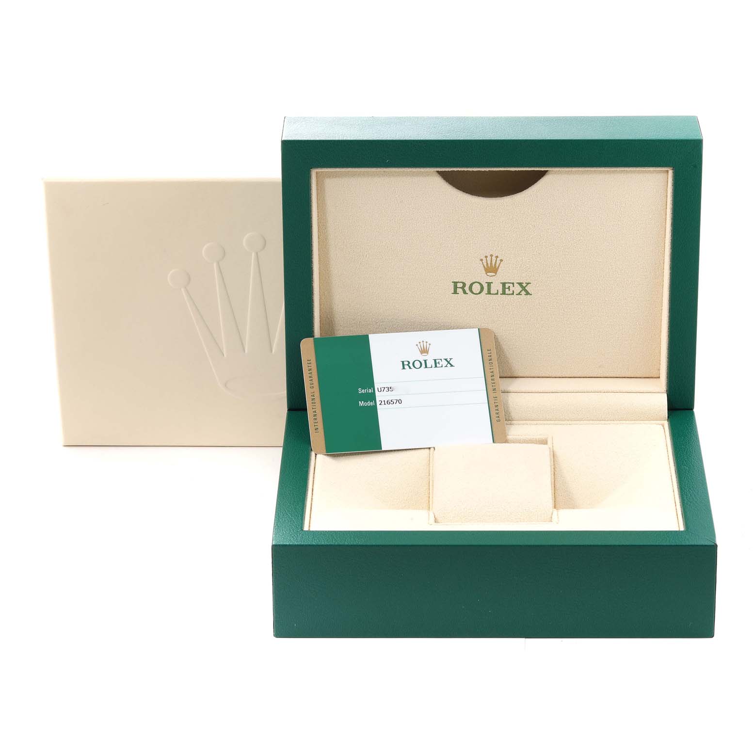 The image shows the open box and warranty card for the Rolex Explorer 216570 Men
s Stainless Steel Black Dial 216570 Men
s Stainless Steel Black Dial model.