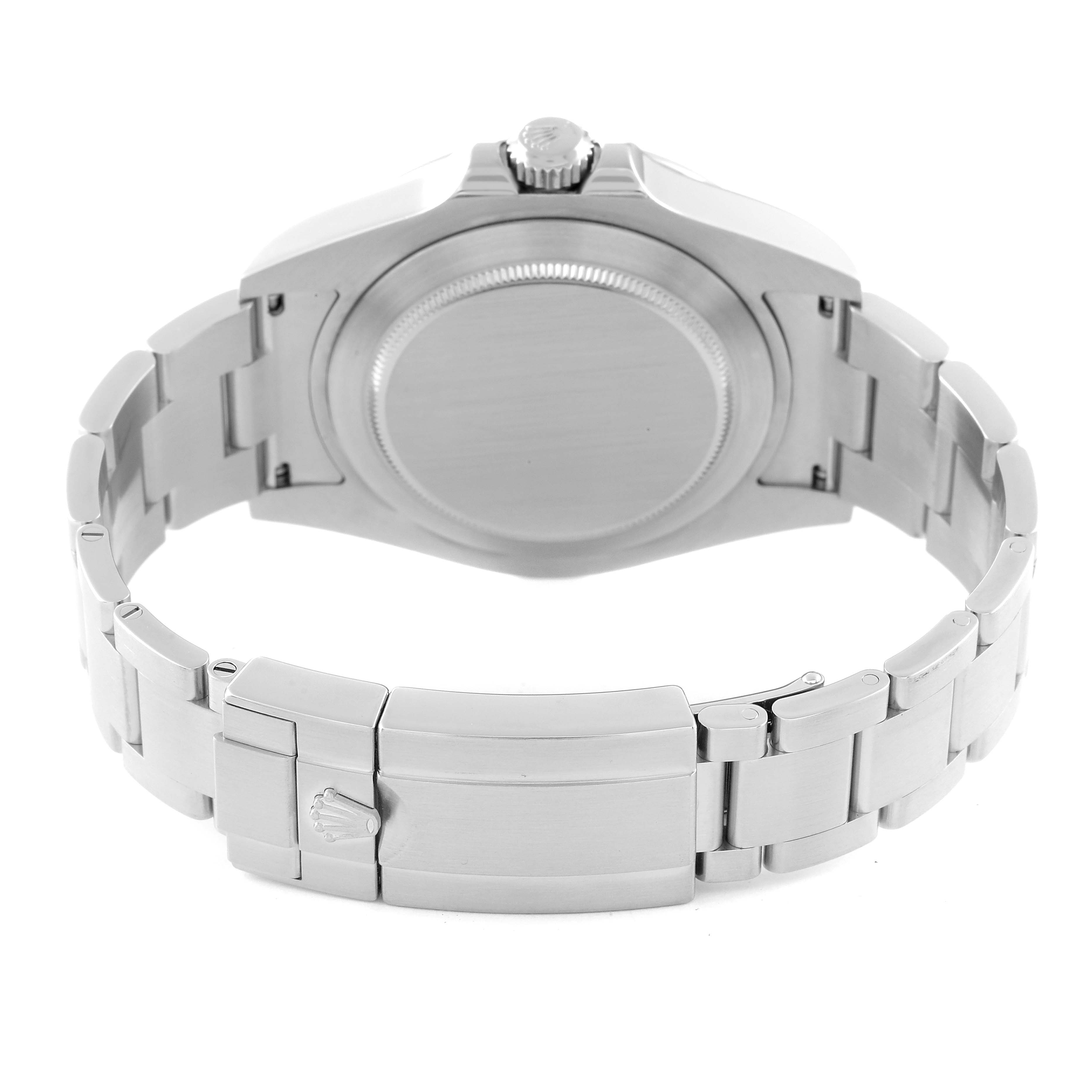 The image shows the back view of a Rolex Explorer 216570 Men
s Stainless Steel Black Dial 216570 Men
s Stainless Steel Black Dial watch, focusing on the stainless steel bracelet and clasp.