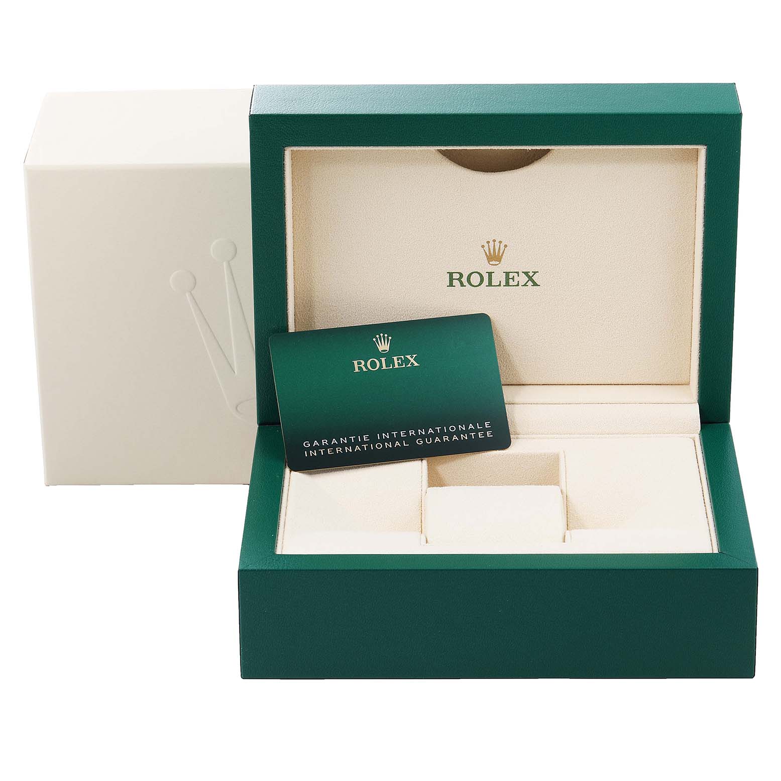 The image shows a Rolex Explorer 226570 Men's Stainless Steel Black Dial 226570 Men's Stainless Steel Black Dial model watch box and guarantee card from a front angle, with the box open.
