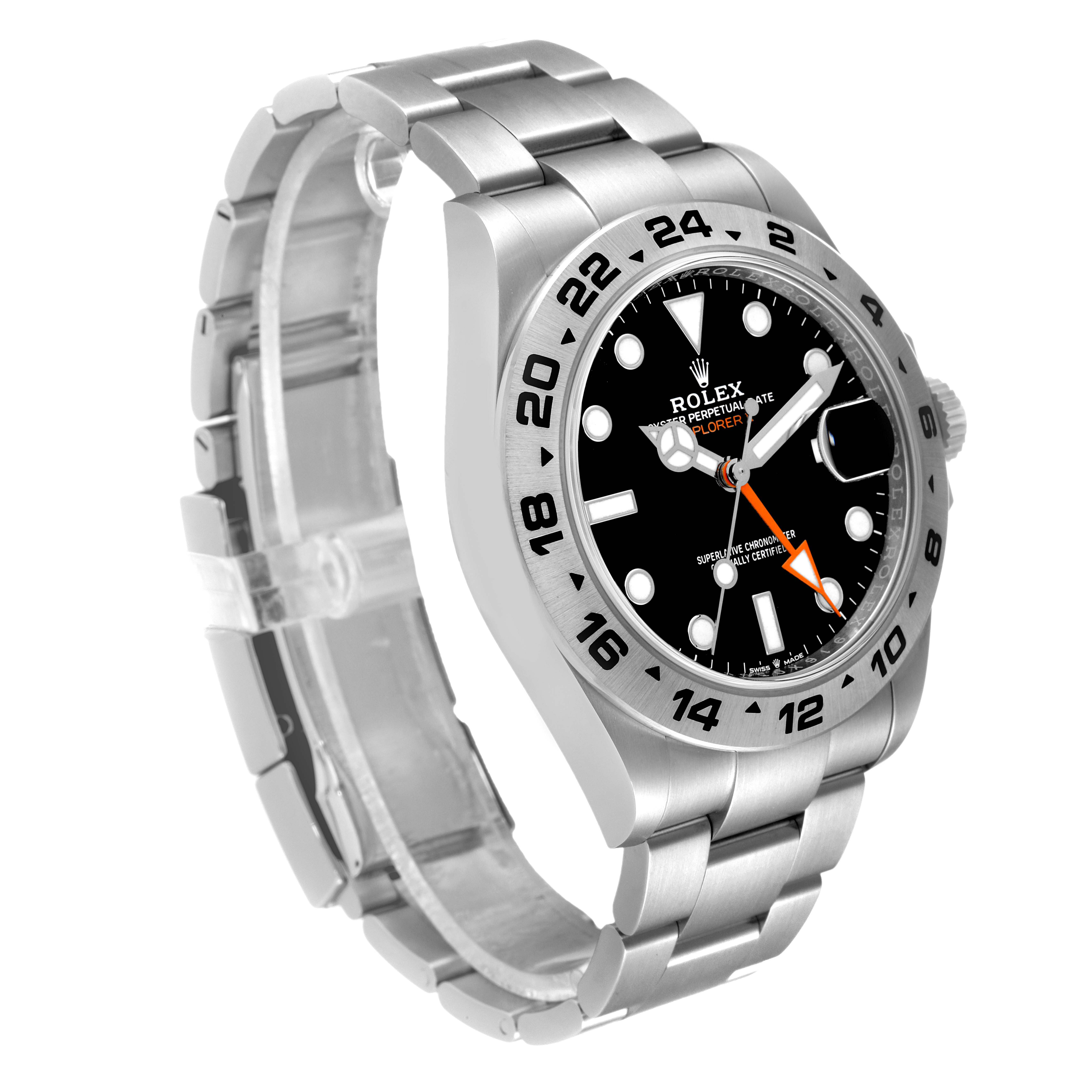 The image shows a Rolex Explorer 226570 Men's Stainless Steel Black Dial 226570 Men's Stainless Steel Black Dial watch at a three-quarter angle, highlighting its face, bezel, crown, and stainless steel bracelet.