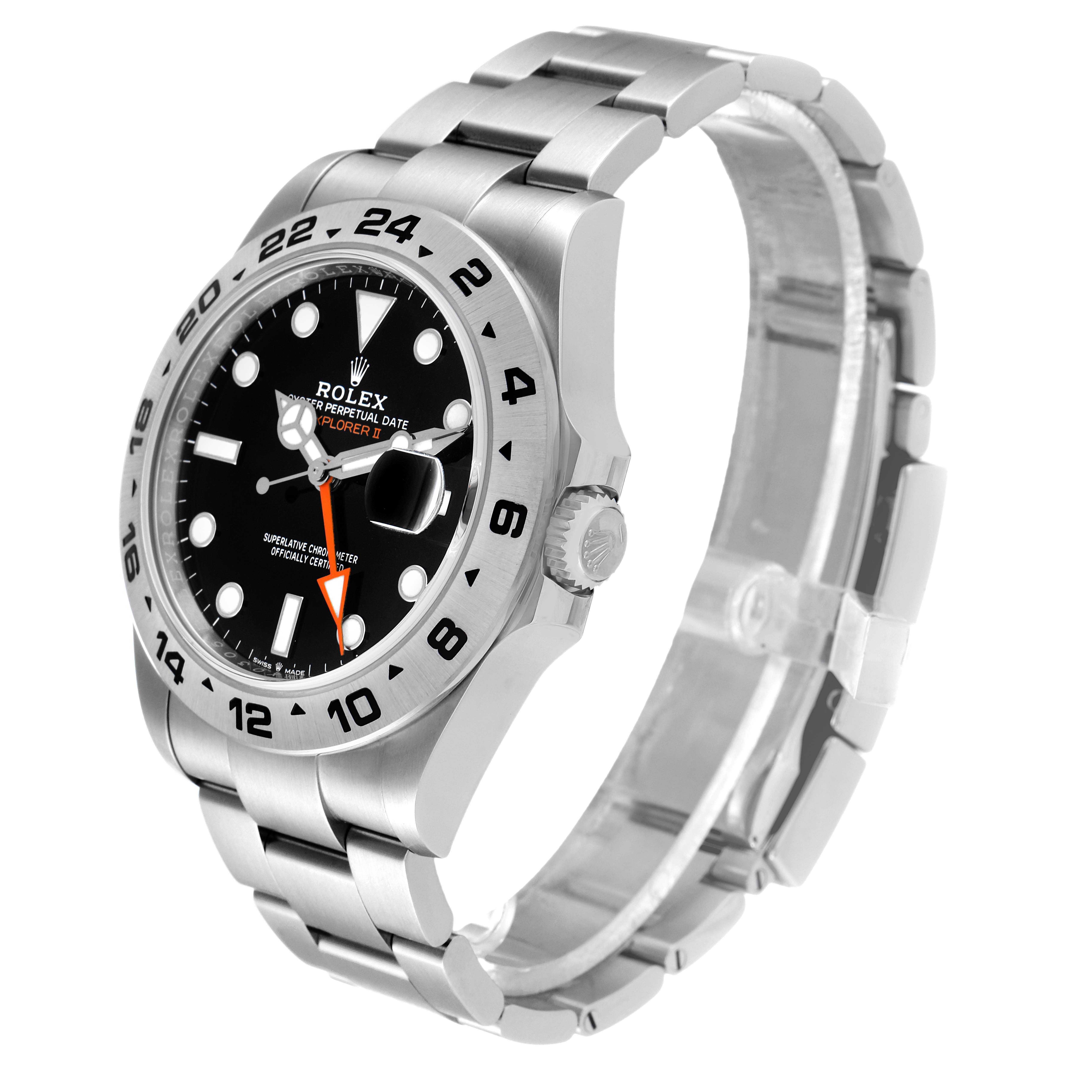 The Rolex Explorer 226570 Men's Stainless Steel Black Dial 226570 Men's Stainless Steel Black Dial watch is shown at a three-quarter angle, highlighting its black dial, numbered bezel, and stainless steel bracelet.