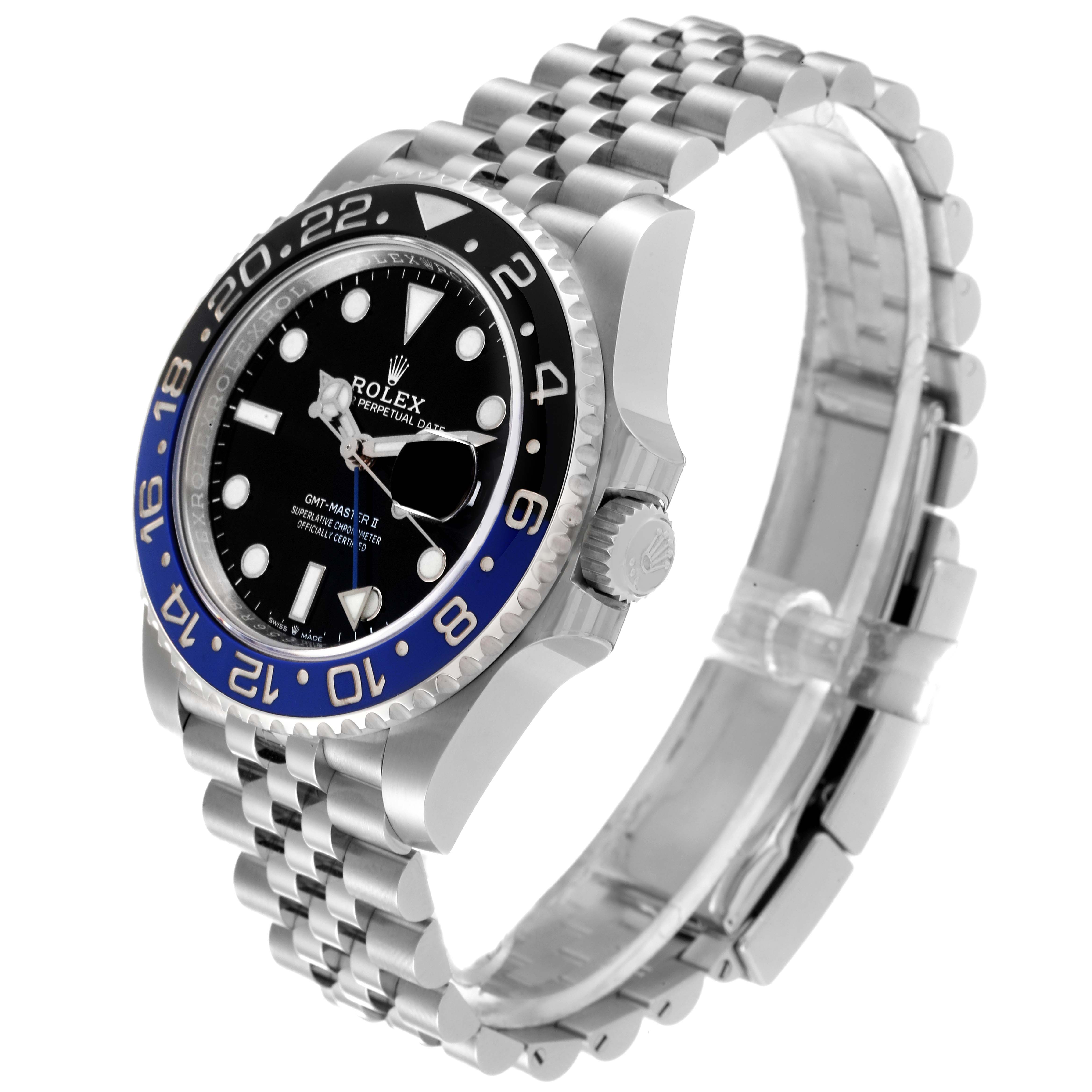The image shows a Rolex GMT-Master 126710 Men
s Stainless Steel Black Dial 126710 Men
s Stainless Steel Black Dial II watch from a side angle with a clear view of the bezel, dial, and Jubilee bracelet.