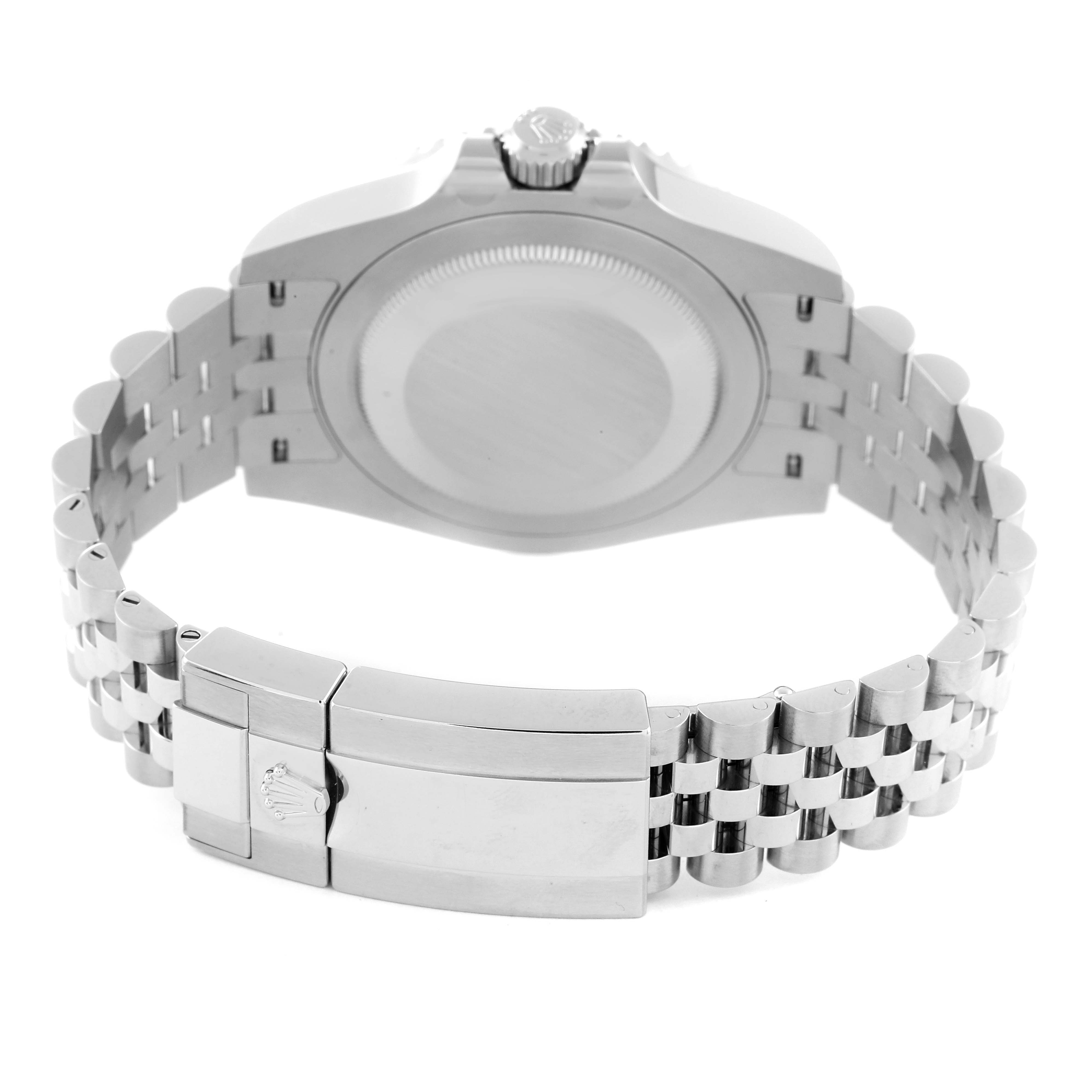 The image shows the back view of a Rolex GMT-Master 126710 Men
s Stainless Steel Black Dial 126710 Men
s Stainless Steel Black Dial watch, highlighting the case back and bracelet clasp.