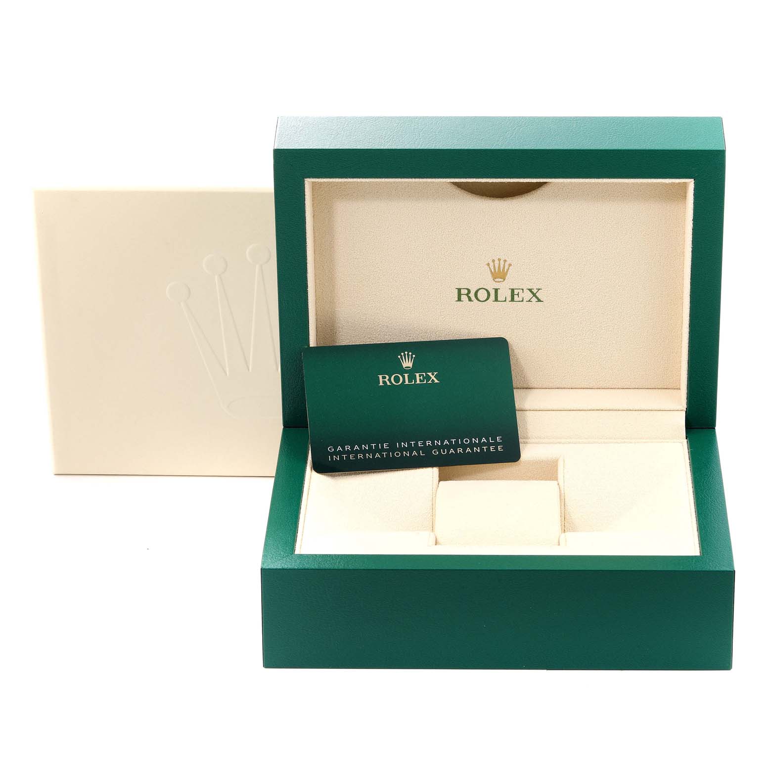 The image shows the open box and warranty card of a Rolex GMT-Master 126710 Men
s Stainless Steel Black Dial 126710 Men
s Stainless Steel Black Dial watch.