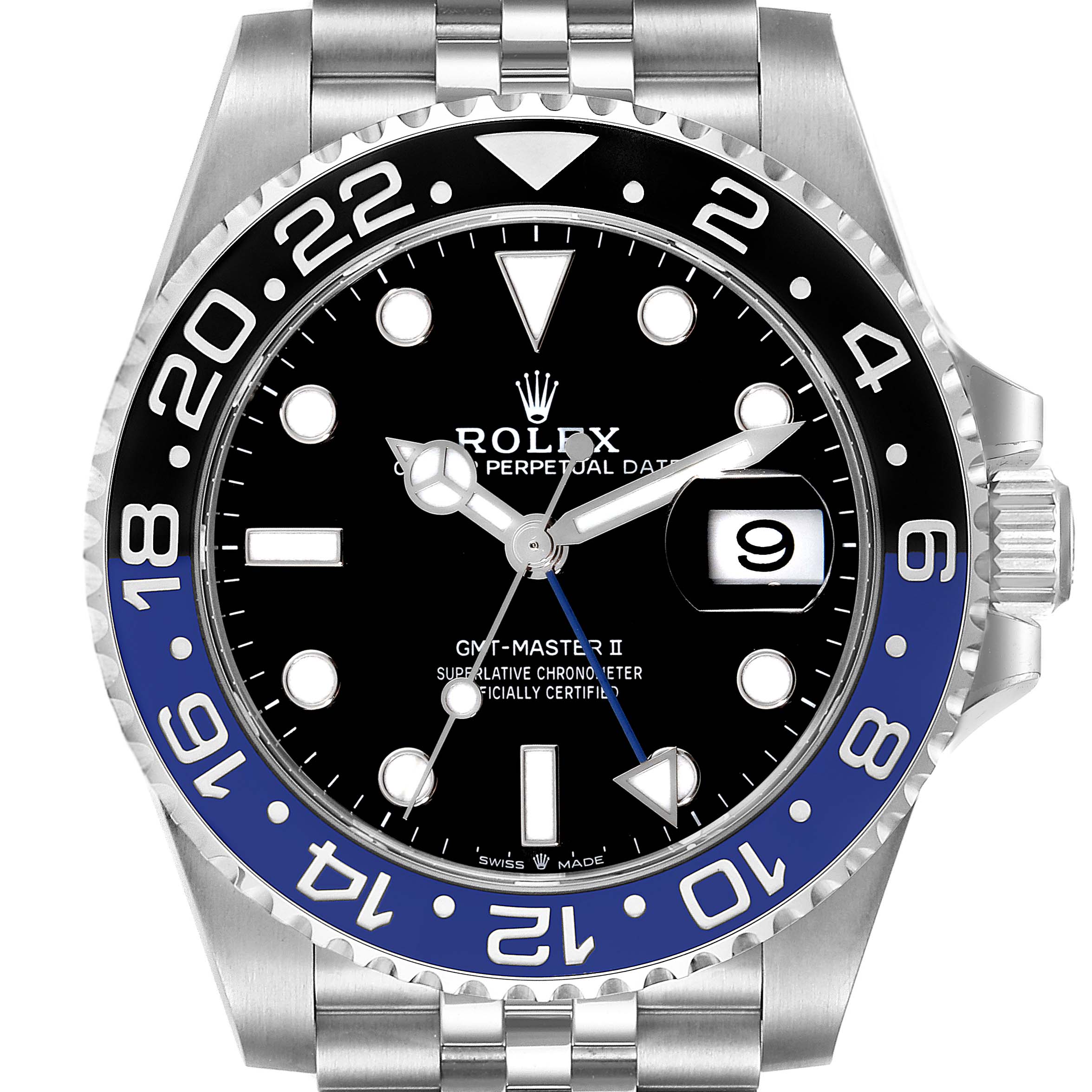 The image shows a front view of the Rolex GMT-Master 126710 Men
s Stainless Steel Black Dial 126710 Men
s Stainless Steel Black Dial II watch, highlighting its dial, bezel, and crown.