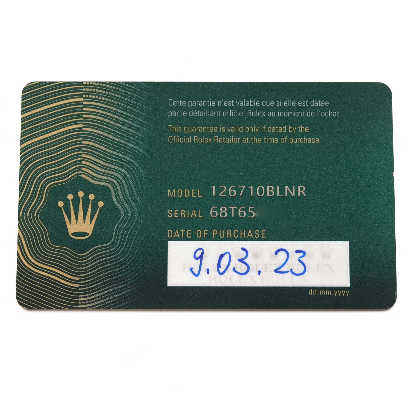 The image shows a warranty card for a Rolex GMT-Master 126710 Men
s Stainless Steel Black Dial 126710 Men
s Stainless Steel Black Dial model 126710BLNR.