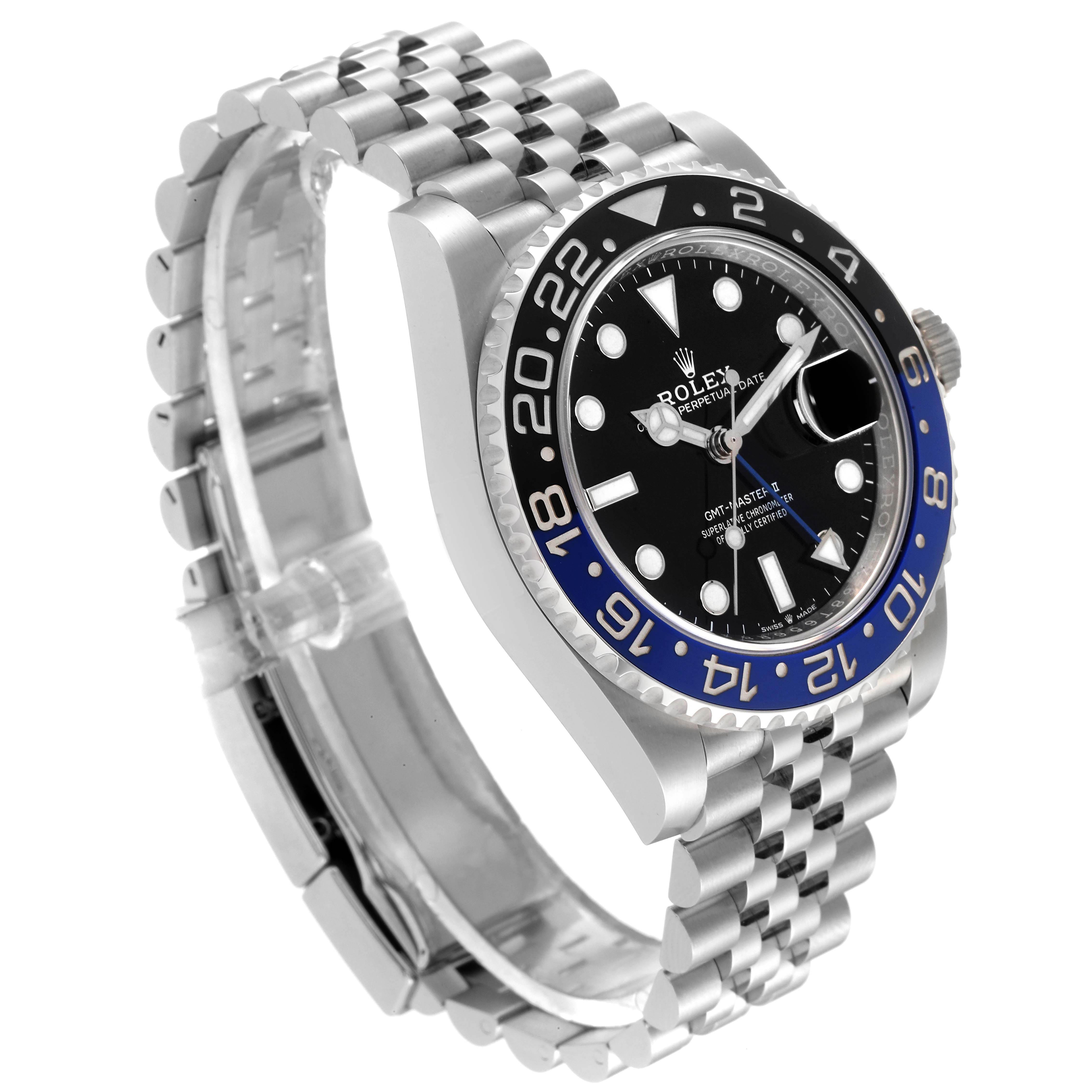 The image shows a Rolex GMT-Master 126710 Men
s Stainless Steel Black Dial 126710 Men
s Stainless Steel Black Dial watch at a side angle, displaying the bezel, dial, and bracelet.