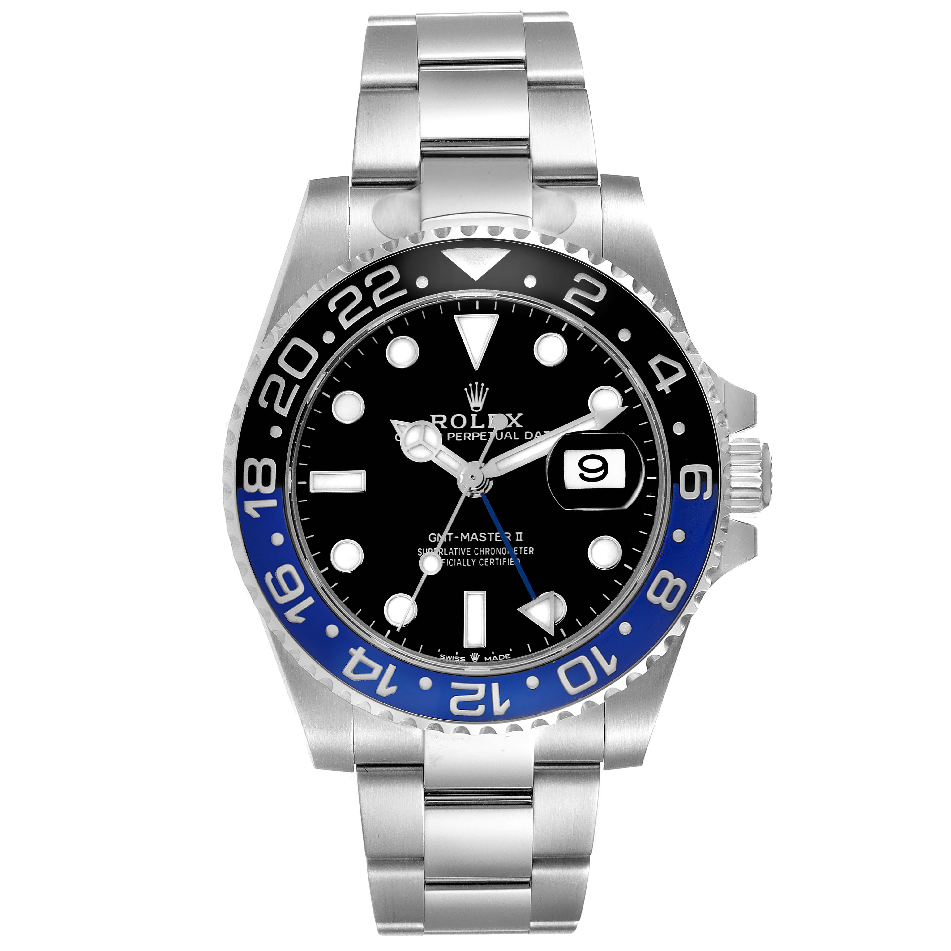 The Rolex GMT-Master 126710 Men
s Stainless Steel Black Dial 126710 Men
s Stainless Steel Black Dial watch is shown from a front angle, displaying the face, bezel, and bracelet clearly.