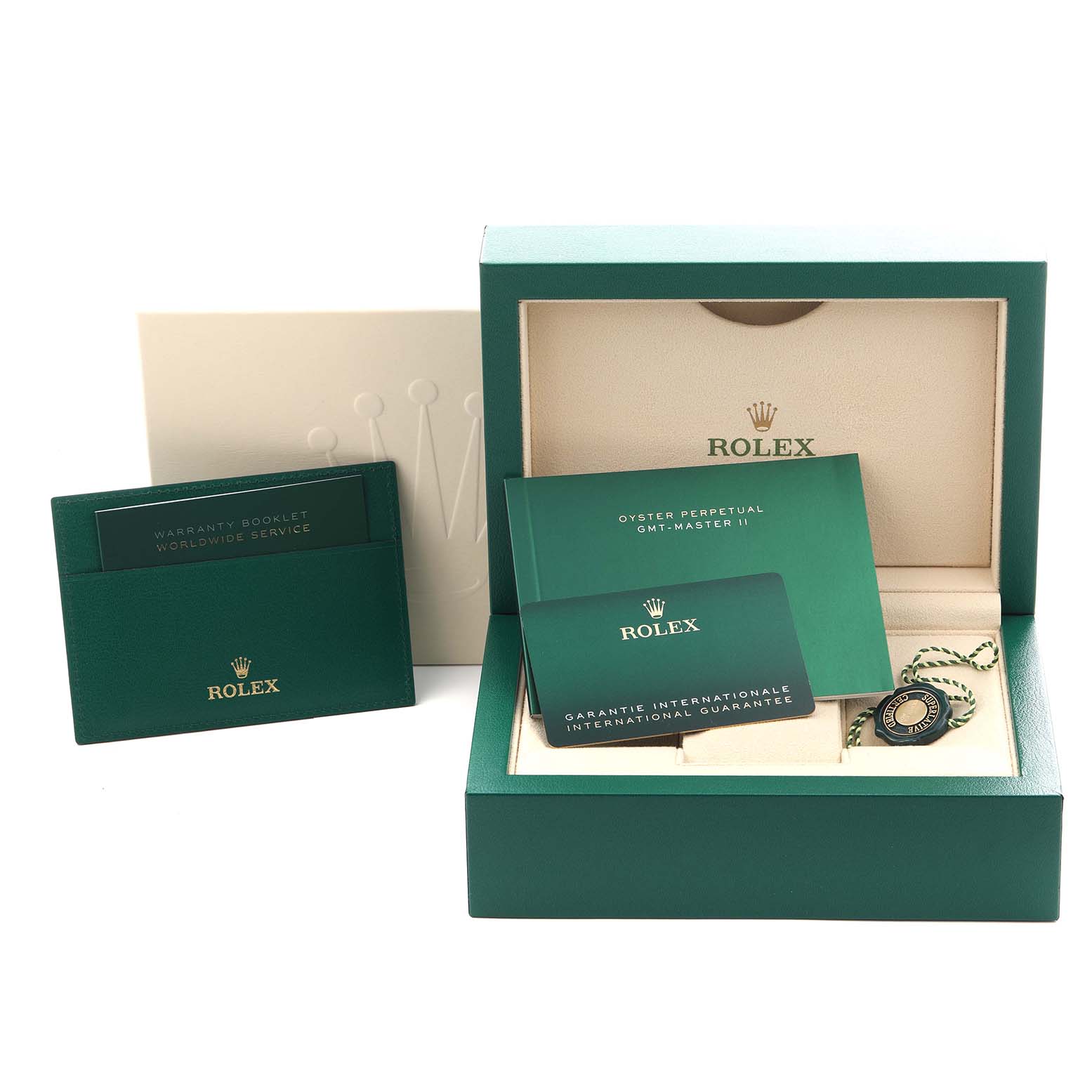 The image shows a Rolex GMT-Master 126710 Men
s Stainless Steel Black Dial 126710 Men
s Stainless Steel Black Dial packaging with a box, warranty card, booklet, and tag, viewed from a front angle.