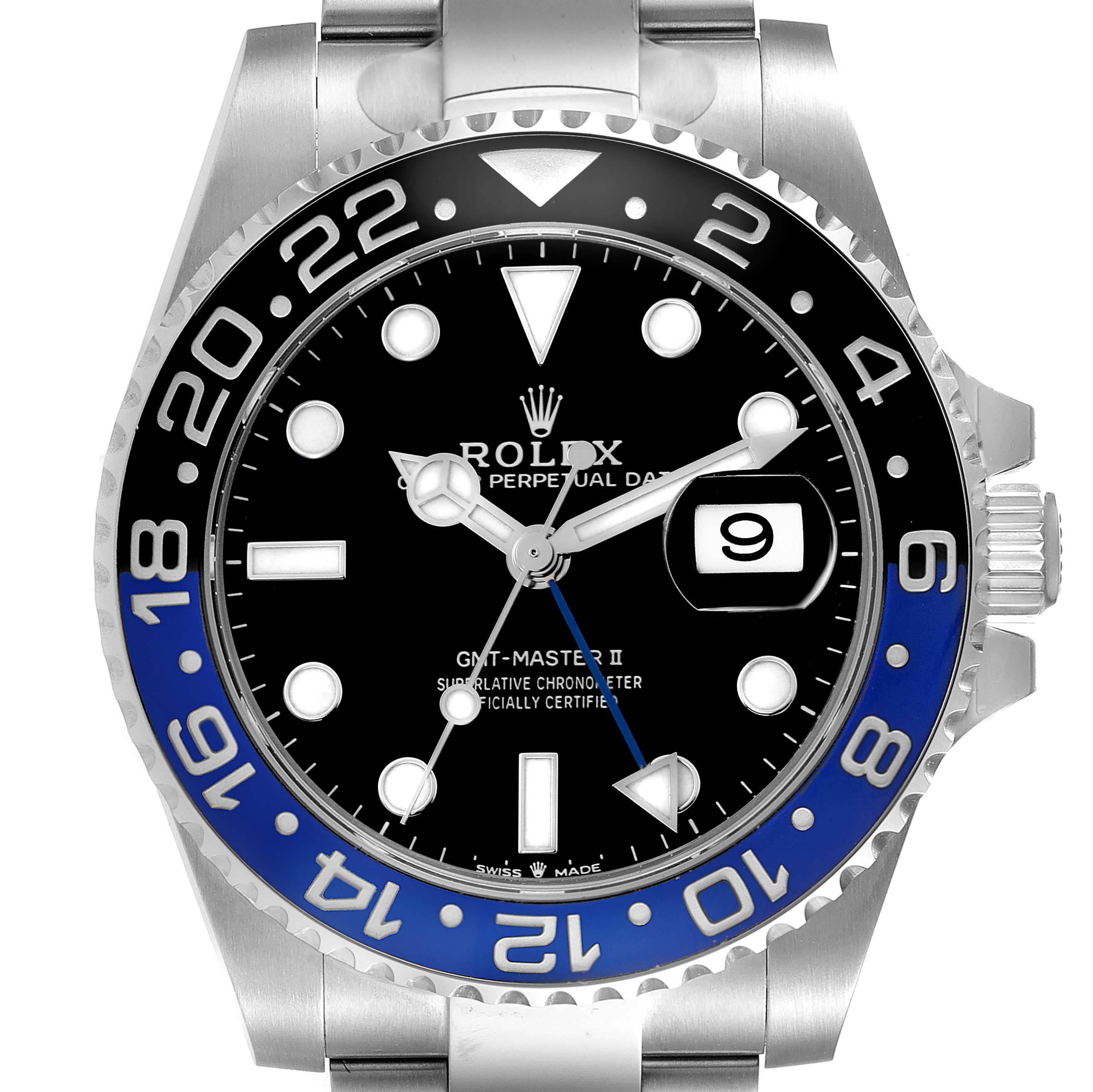 The image shows a front view of a Rolex GMT-Master 126710 Men
s Stainless Steel Black Dial 126710 Men
s Stainless Steel Black Dial II watch, displaying its bezel, dial, and crown.