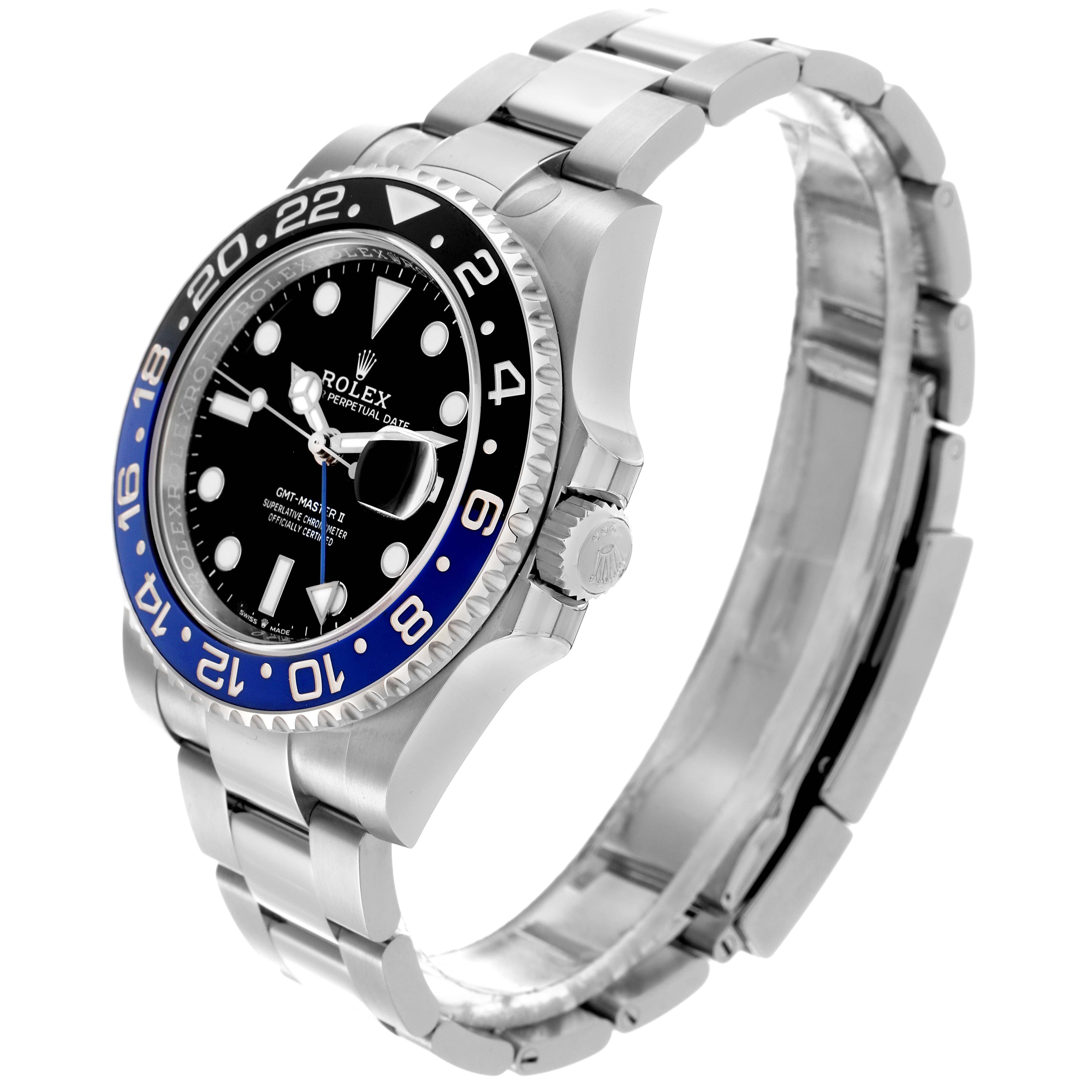 The Rolex GMT-Master 126710 Men
s Stainless Steel Black Dial 126710 Men
s Stainless Steel Black Dial watch is shown at a three-quarter angle, highlighting the bezel, dial, and bracelet.
