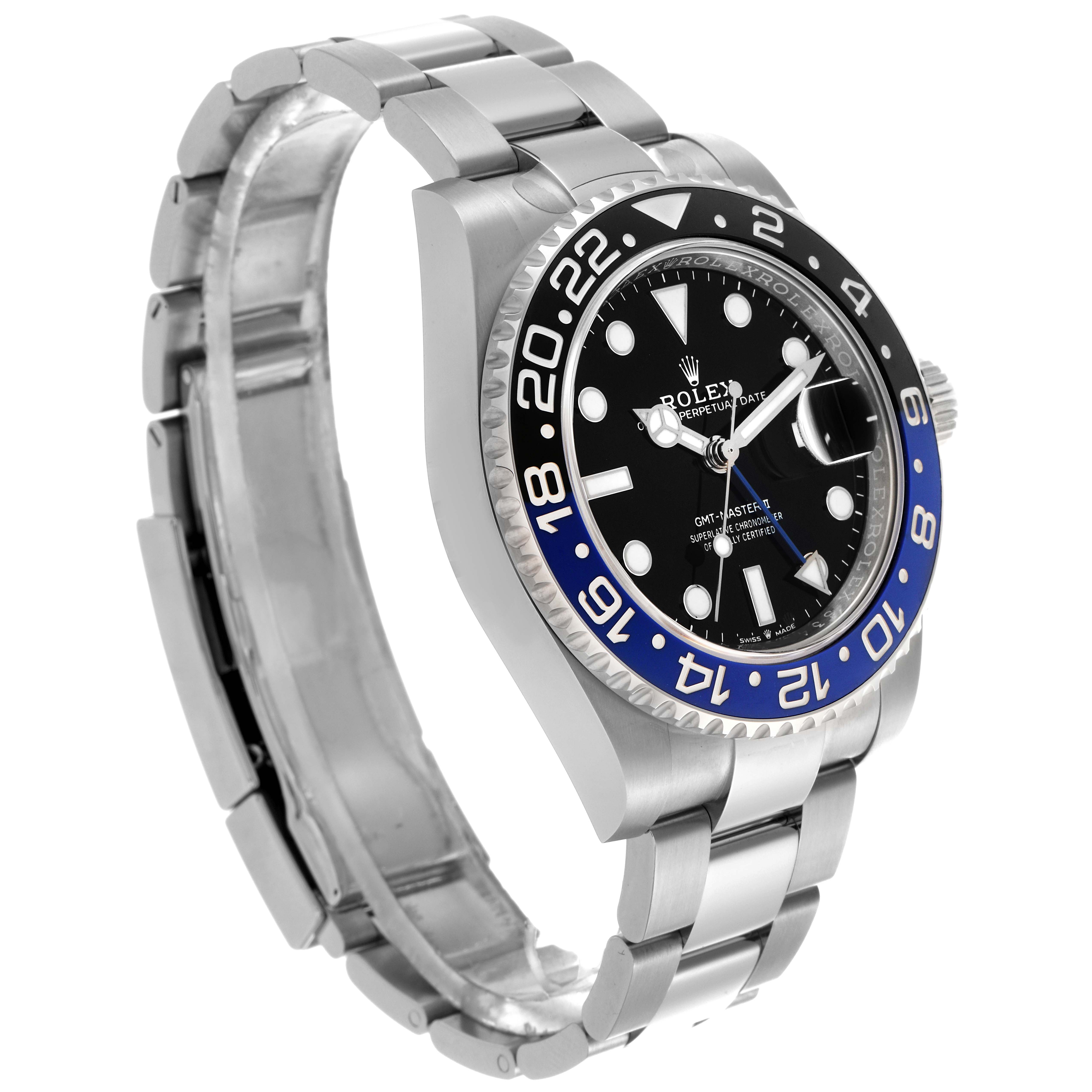The Rolex GMT-Master 126710 Men
s Stainless Steel Black Dial 126710 Men
s Stainless Steel Black Dial watch is shown at an angled view, highlighting the dial, bezel, and part of the bracelet.