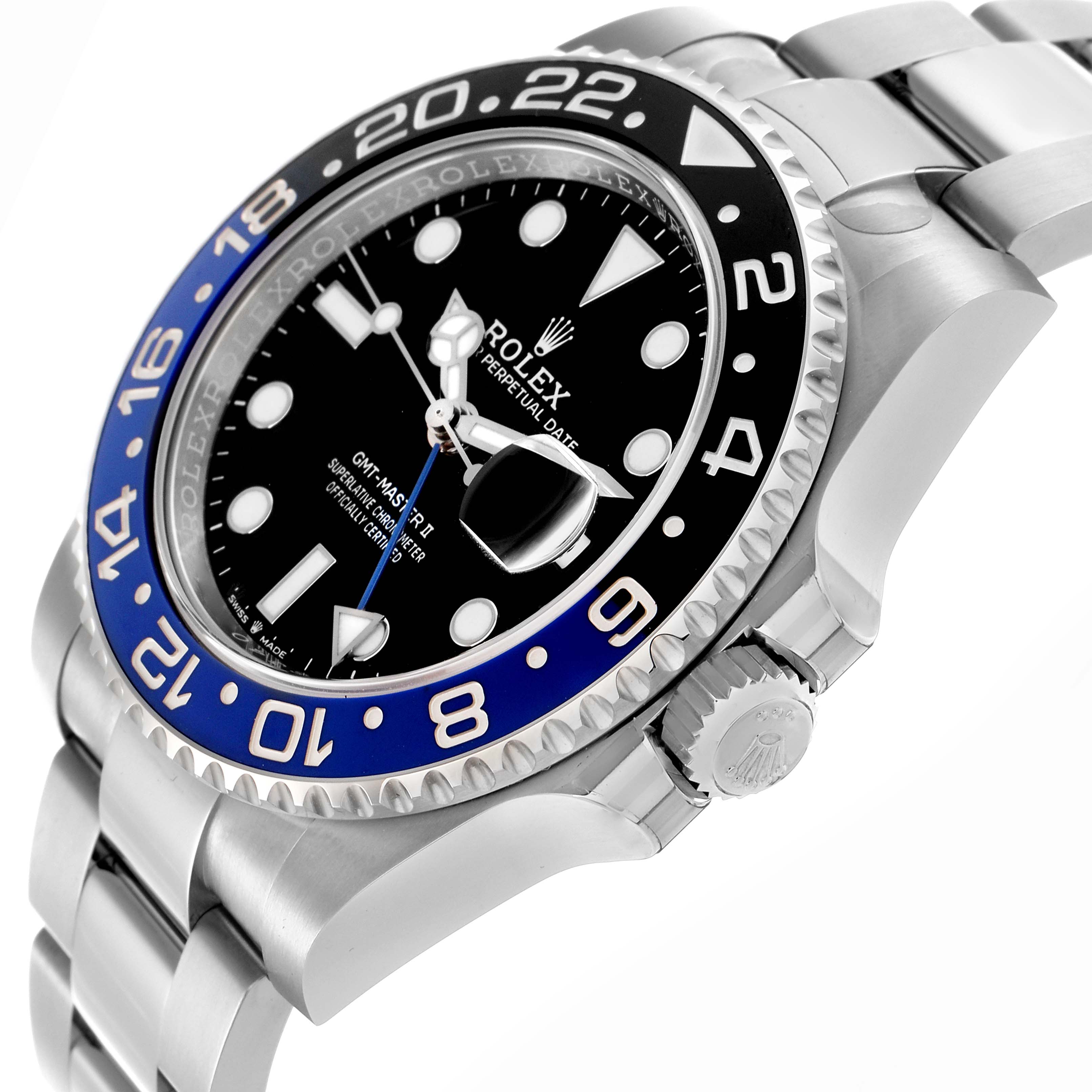 The image shows a side angle of the Rolex GMT-Master 126710 Men
s Stainless Steel Black Dial 126710 Men
s Stainless Steel Black Dial watch, highlighting the bezel, dial, crown, and part of the bracelet.