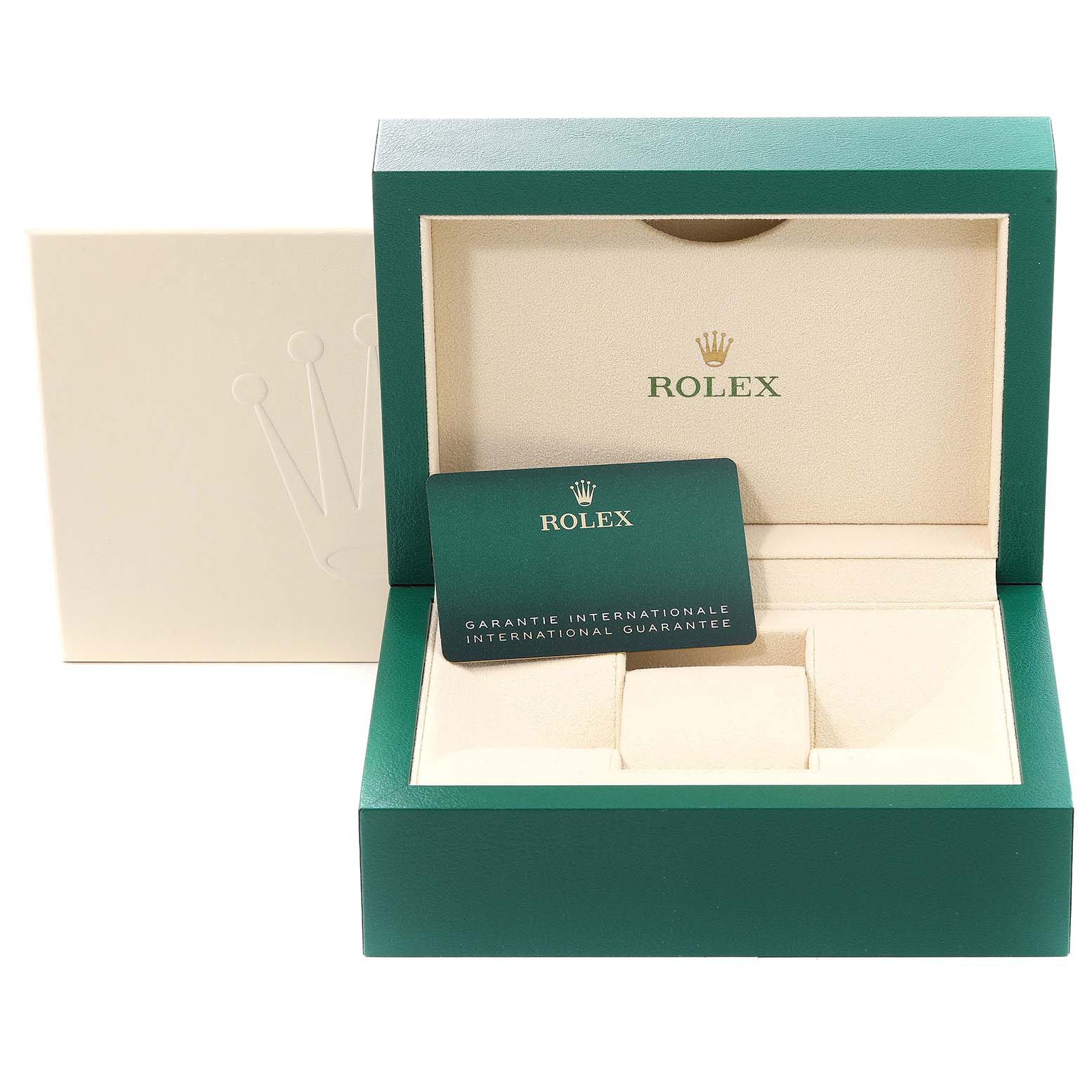 The image shows Rolex GMT-Master 126710 Men's Stainless Steel Black Dial 126710 Men's Stainless Steel Black Dial's green and cream watch box with an international guarantee card placed inside.