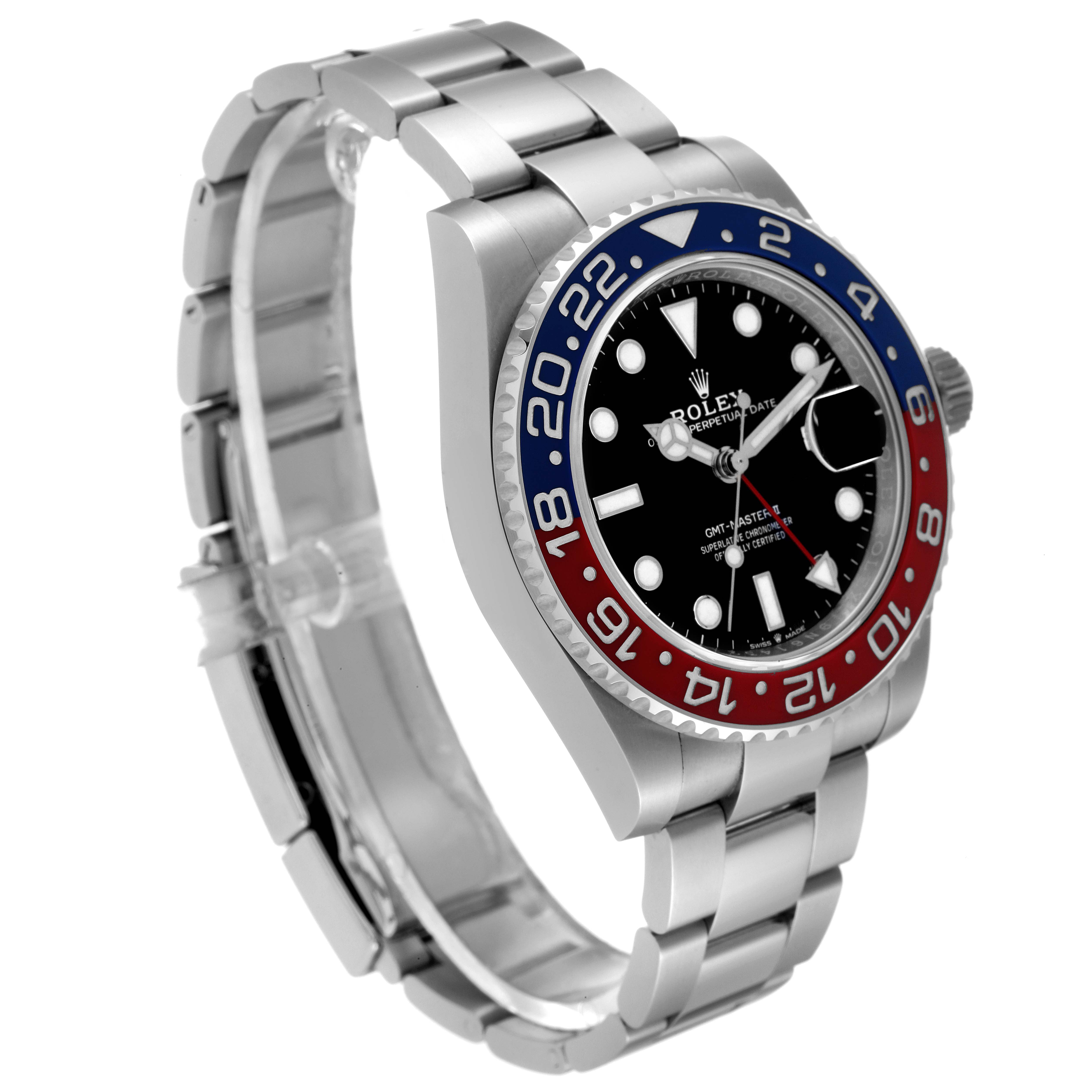The angle shows a side view of the Rolex GMT-Master 126710 Men's Stainless Steel Black Dial 126710 Men's Stainless Steel Black Dial watch, highlighting the bezel, dial, and bracelet.
