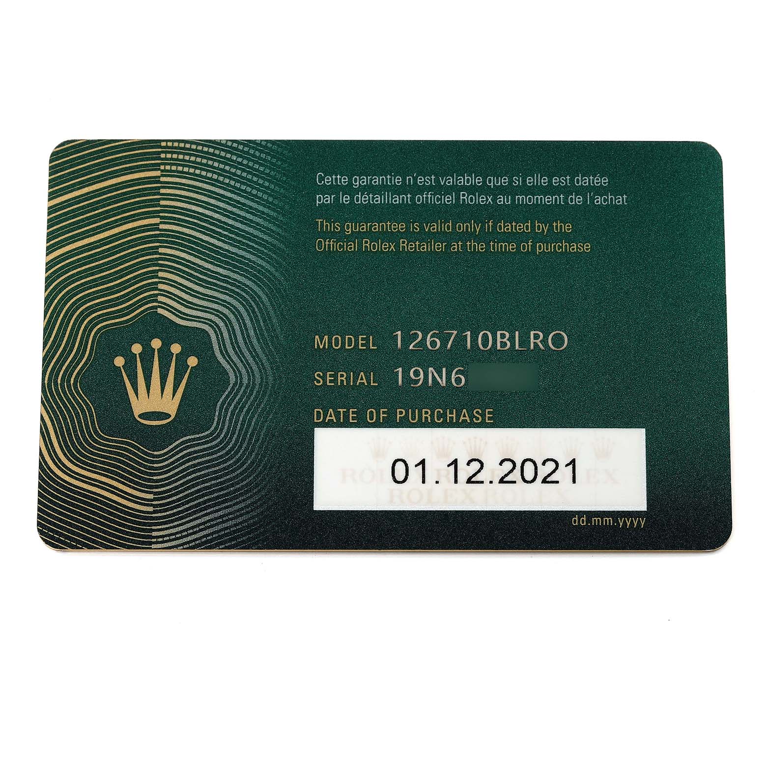 This image shows the warranty card for a Rolex GMT-Master 126710 Men's Stainless Steel Black Dial 126710 Men's Stainless Steel Black Dial model 126710BLRO, including the serial number and date of purchase.