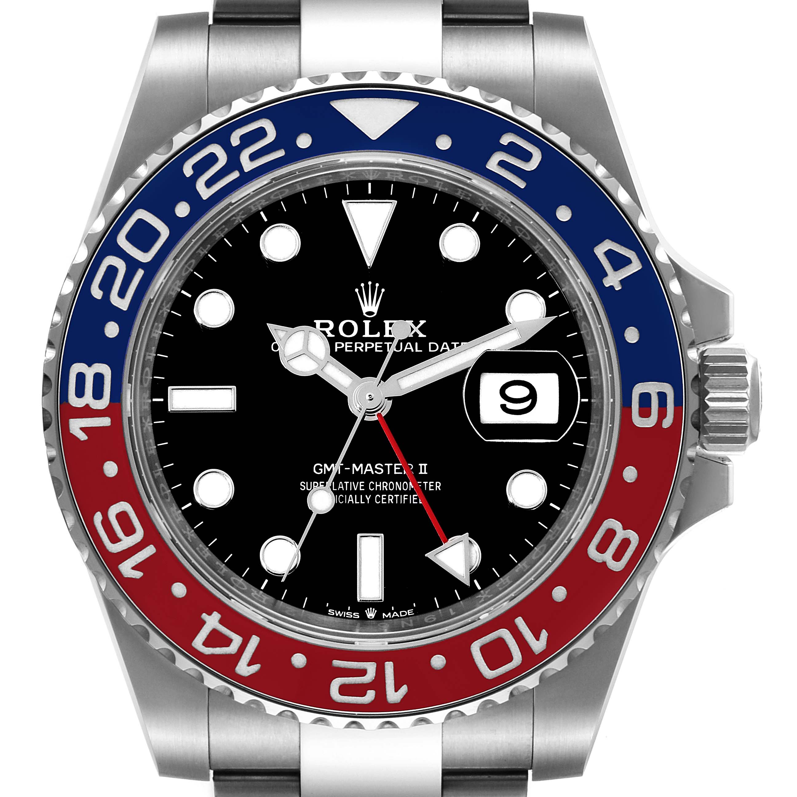 The image shows a front-angle view of a Rolex GMT-Master 126710 Men's Stainless Steel Black Dial 126710 Men's Stainless Steel Black Dial II watch, highlighting the bezel, dial, and crown.