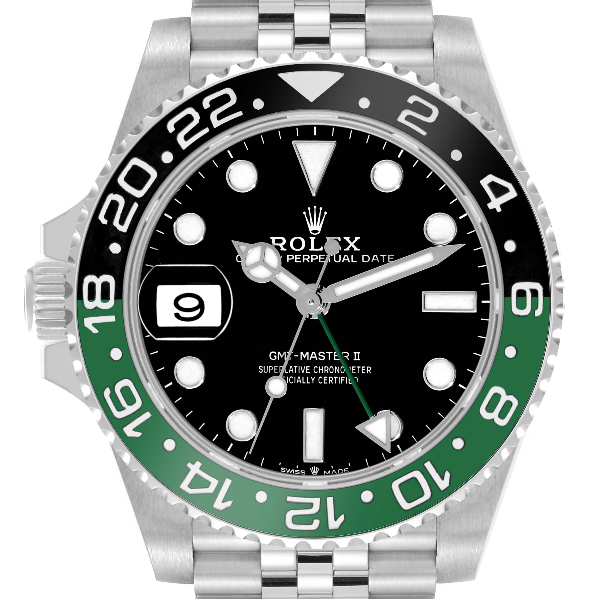 The image shows a front view of the Rolex GMT-Master 126720VTNR Men's Stainless Steel Black Dial 126720VTNR Men's Stainless Steel Black Dial II watch, highlighting its bezel, dial, date window, and bracelet.