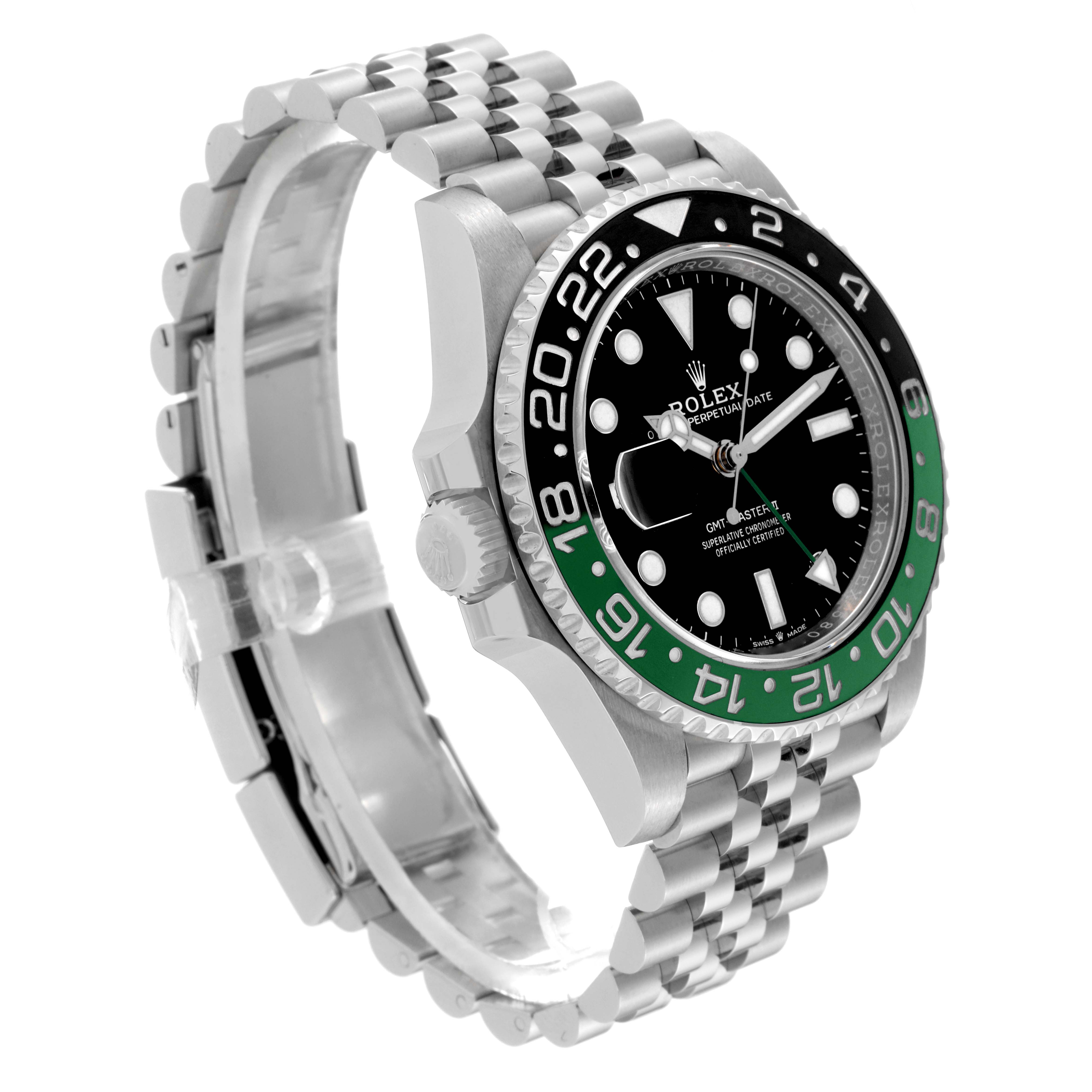 The image shows a side angle of the Rolex GMT-Master 126720VTNR Men's Stainless Steel Black Dial 126720VTNR Men's Stainless Steel Black Dial watch displaying its bezel, dial, case, and Jubilee bracelet.