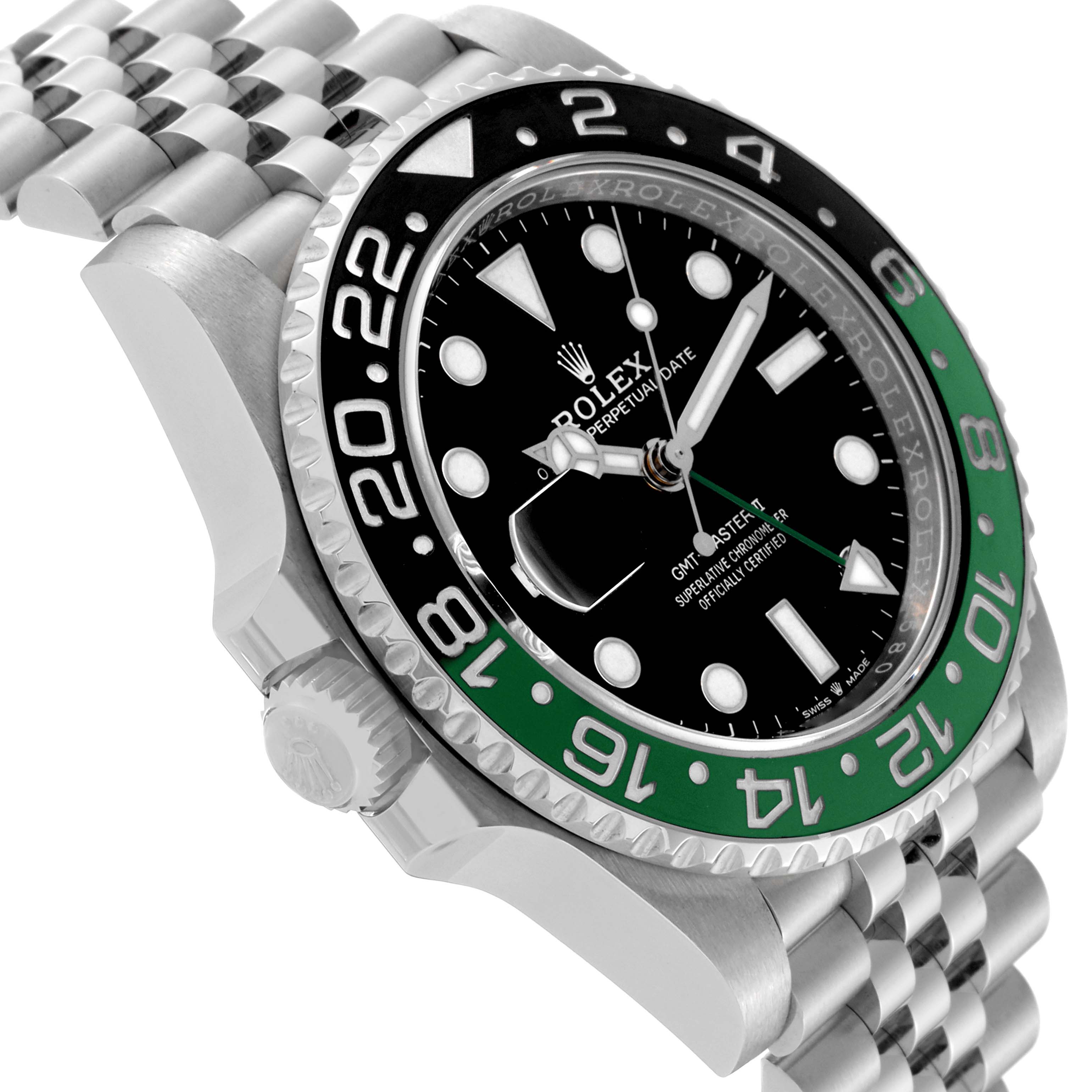The image shows a close-up side angle of the Rolex GMT-Master 126720VTNR Men's Stainless Steel Black Dial 126720VTNR Men's Stainless Steel Black Dial watch, highlighting the bezel, dial, and part of the bracelet.