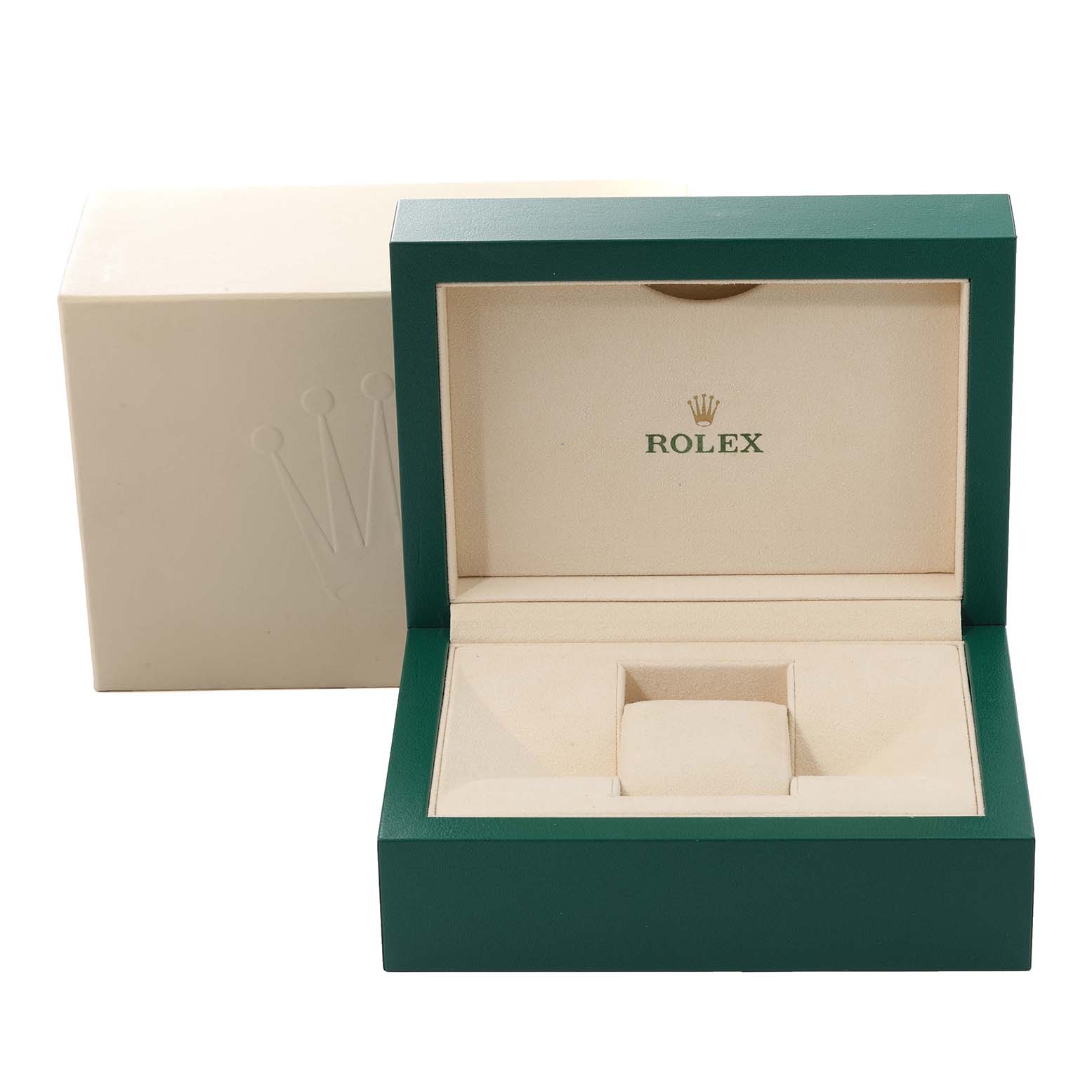 The image shows a green and beige Rolex watch box for the GMT-Master model, with the lid open displaying the inner compartment.