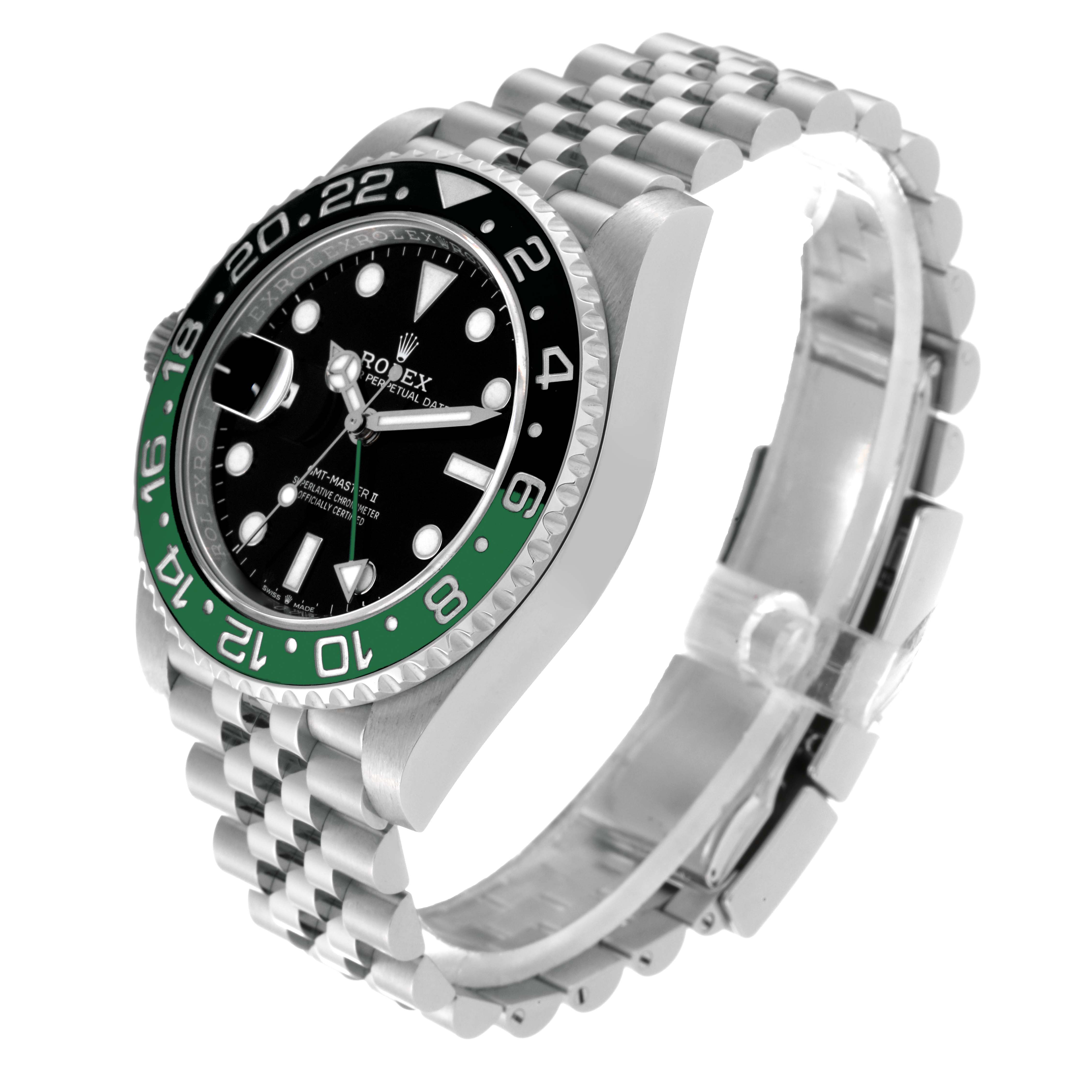 The image shows a Rolex GMT-Master 126720VTNR Men's Stainless Steel Black Dial 126720VTNR Men's Stainless Steel Black Dial watch at a three-quarter angle highlighting the face, bezel, and bracelet.