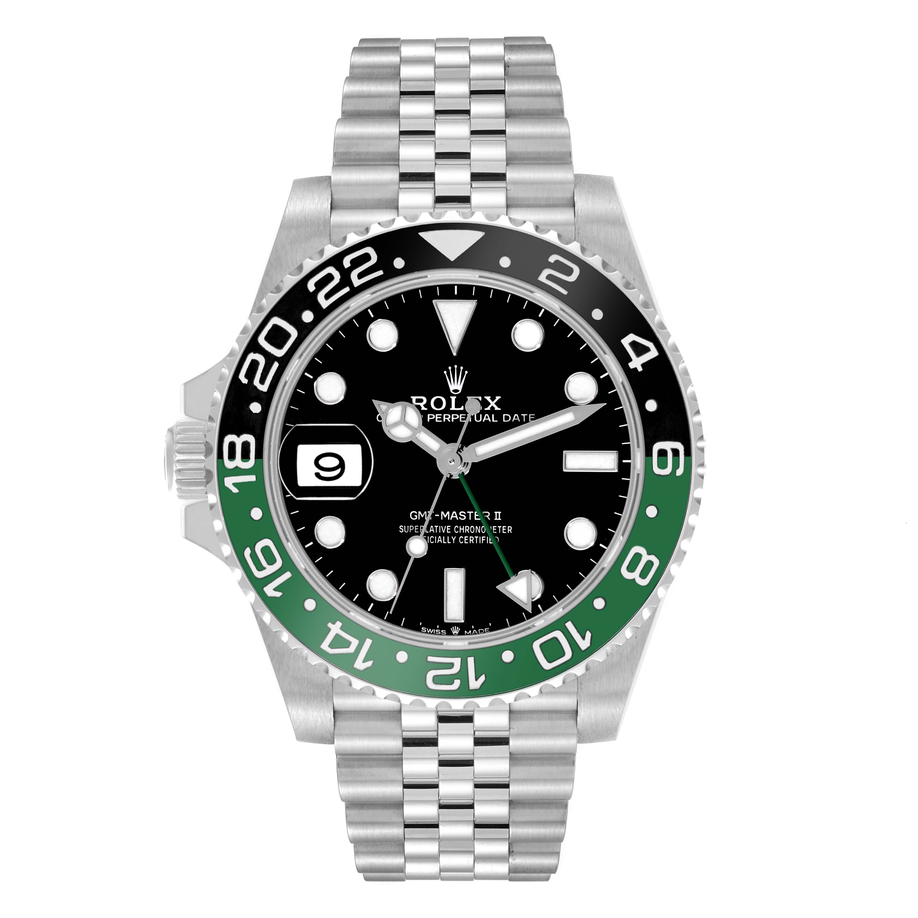 The image shows a front view of a Rolex GMT-Master 126720VTNR Men's Stainless Steel Black Dial 126720VTNR Men's Stainless Steel Black Dial II watch, displaying the bezel, dial, hands, date window, and bracelet.