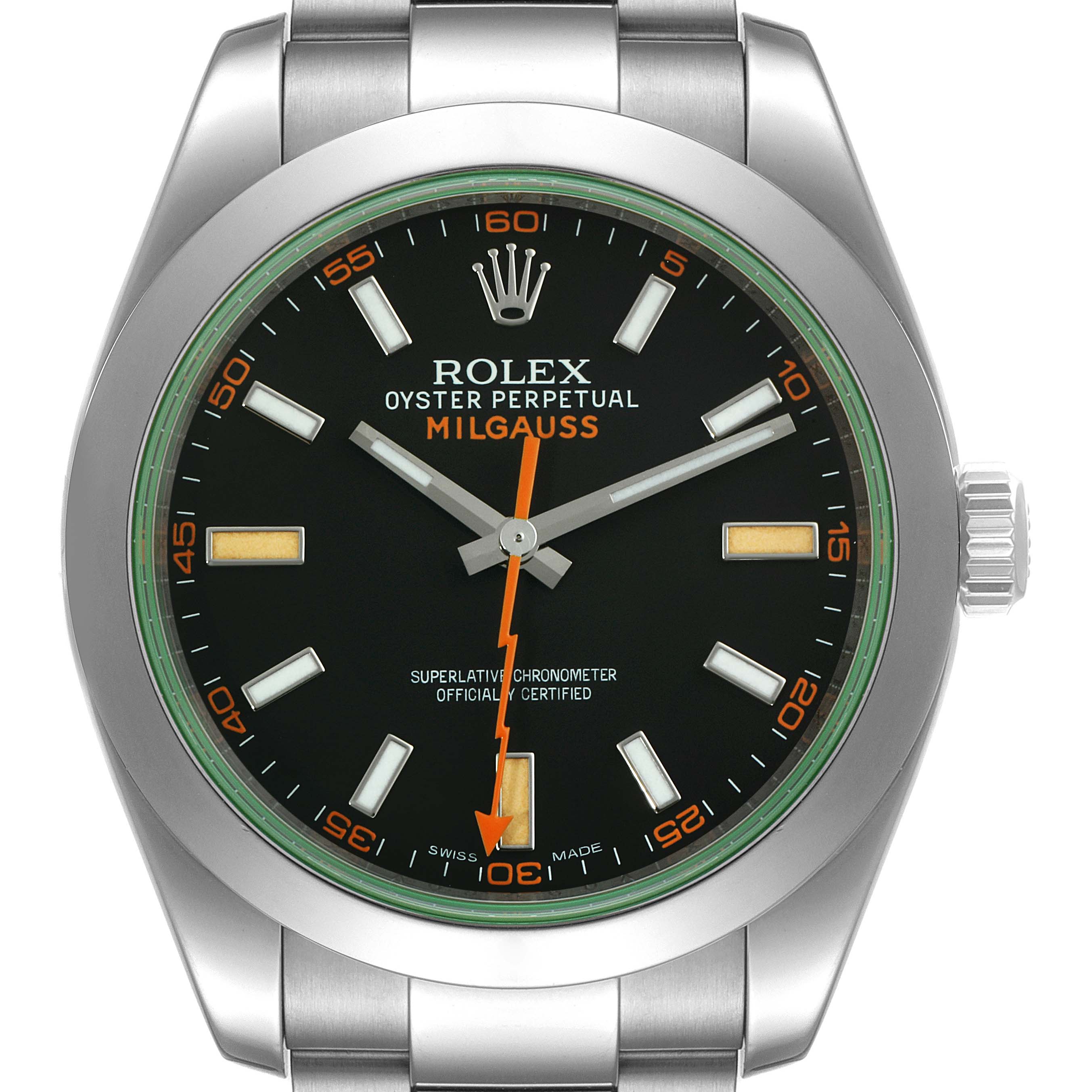 This image shows a frontal view of a Rolex Milgauss 116400GV Men's Stainless Steel Black Dial 116400GV Men's Stainless Steel Black Dial watch, highlighting the dial, bezel, and bracelet.