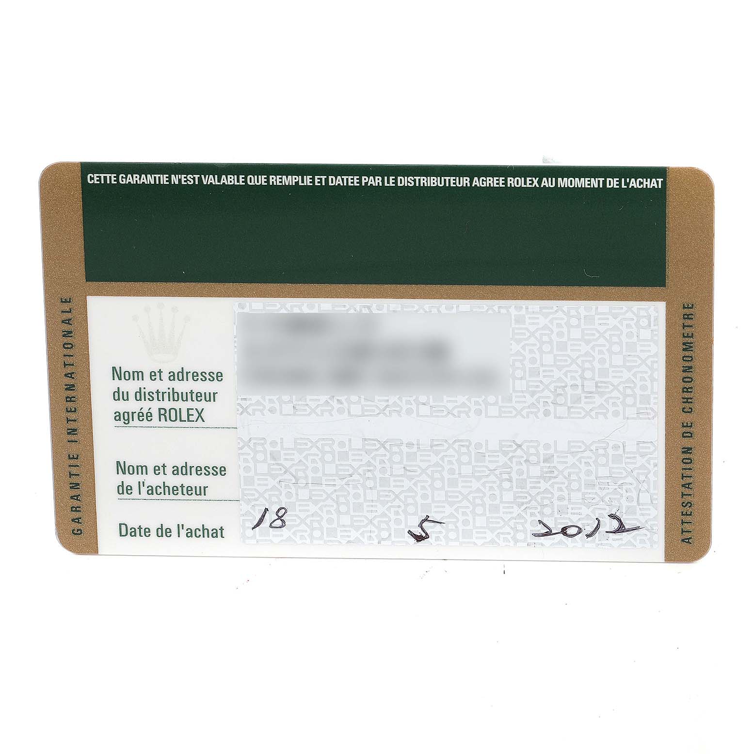 This image shows a warranty card for the Rolex Milgauss 116400GV Men's Stainless Steel Black Dial 116400GV Men's Stainless Steel Black Dial model.