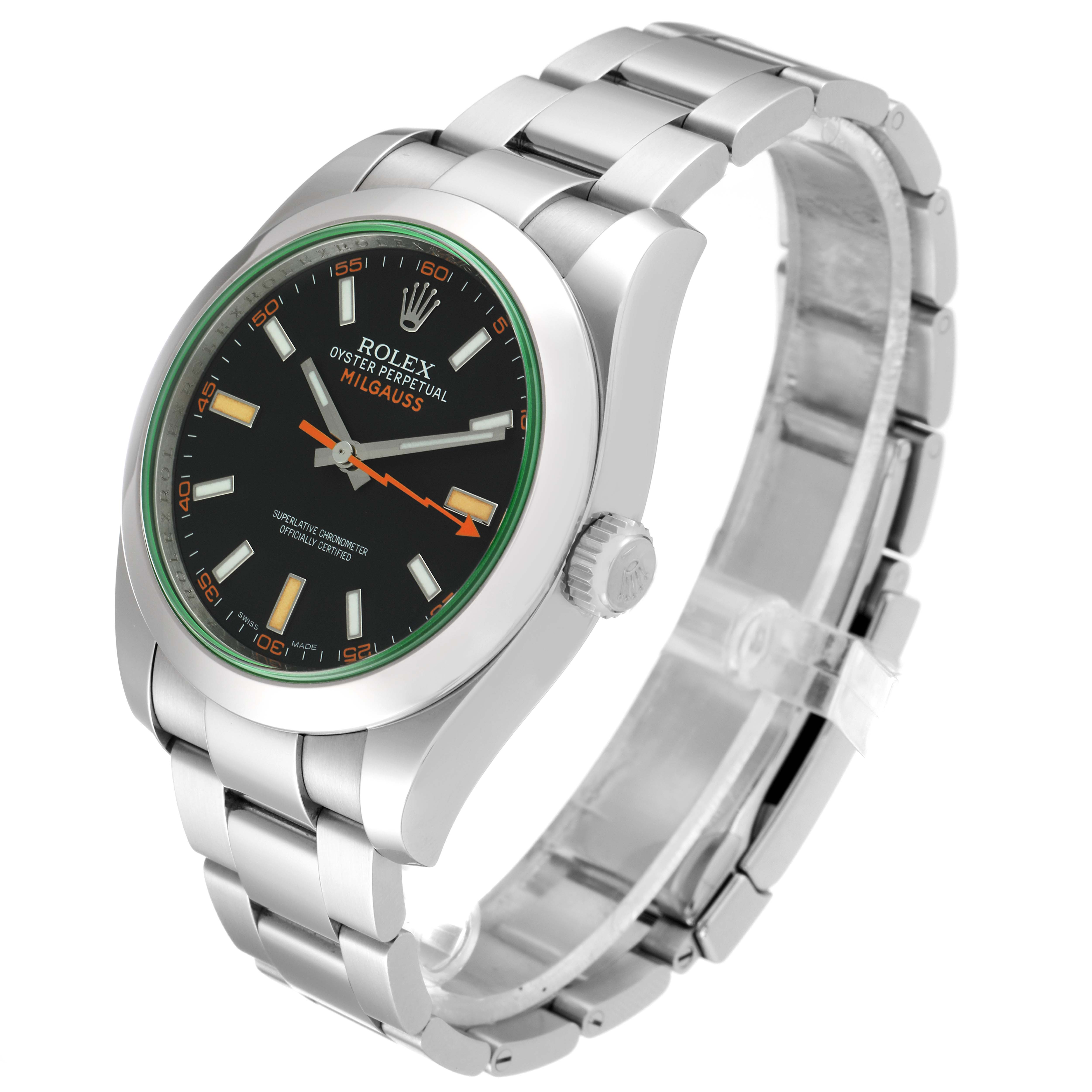 This image shows a Rolex Milgauss 116400GV Men's Stainless Steel Black Dial 116400GV Men's Stainless Steel Black Dial watch at an angle highlighting the face, crown, and stainless steel bracelet.