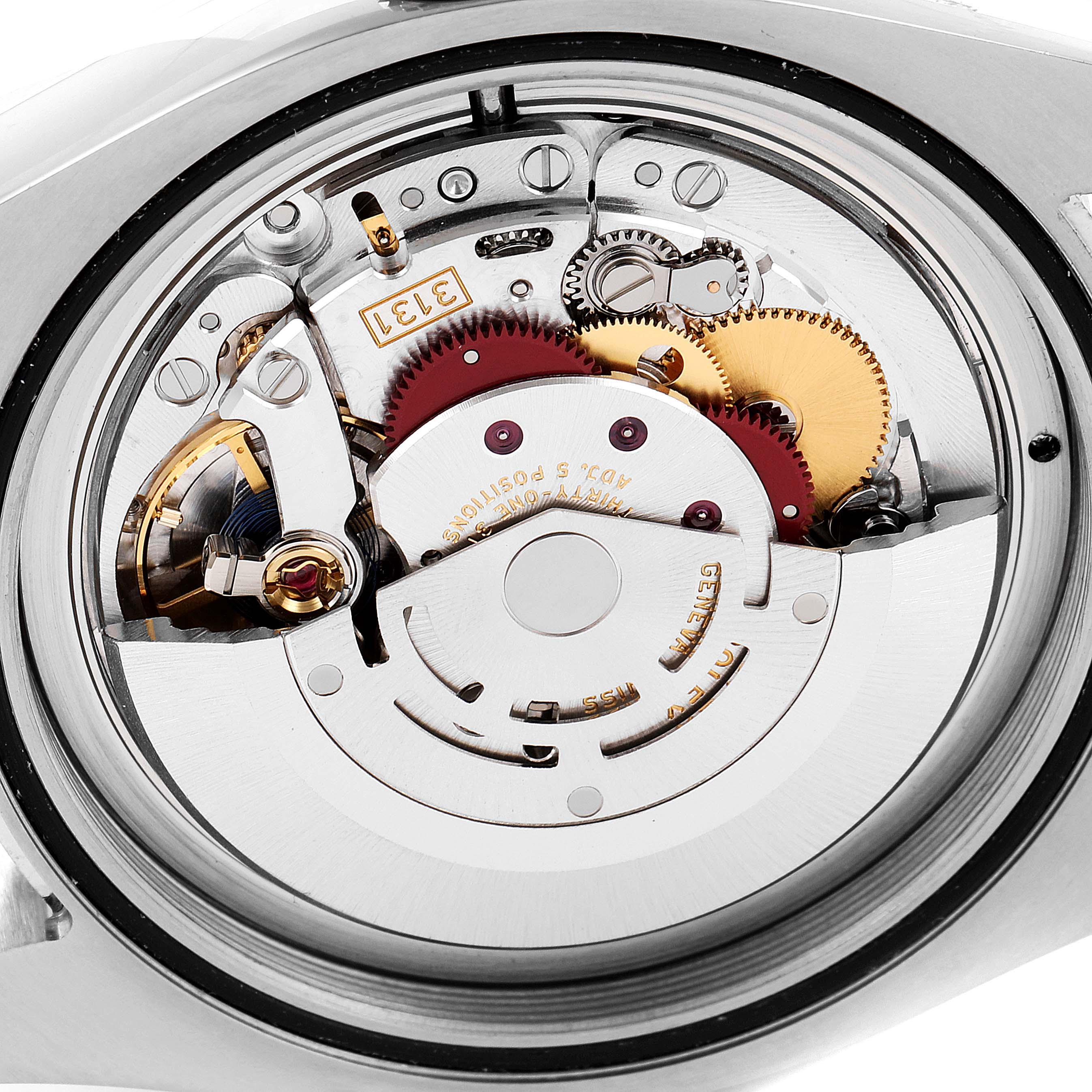 This image shows the internal mechanism from the back of a Rolex Milgauss 116400GV Men's Stainless Steel Black Dial 116400GV Men's Stainless Steel Black Dial watch, highlighting the movement and gears.