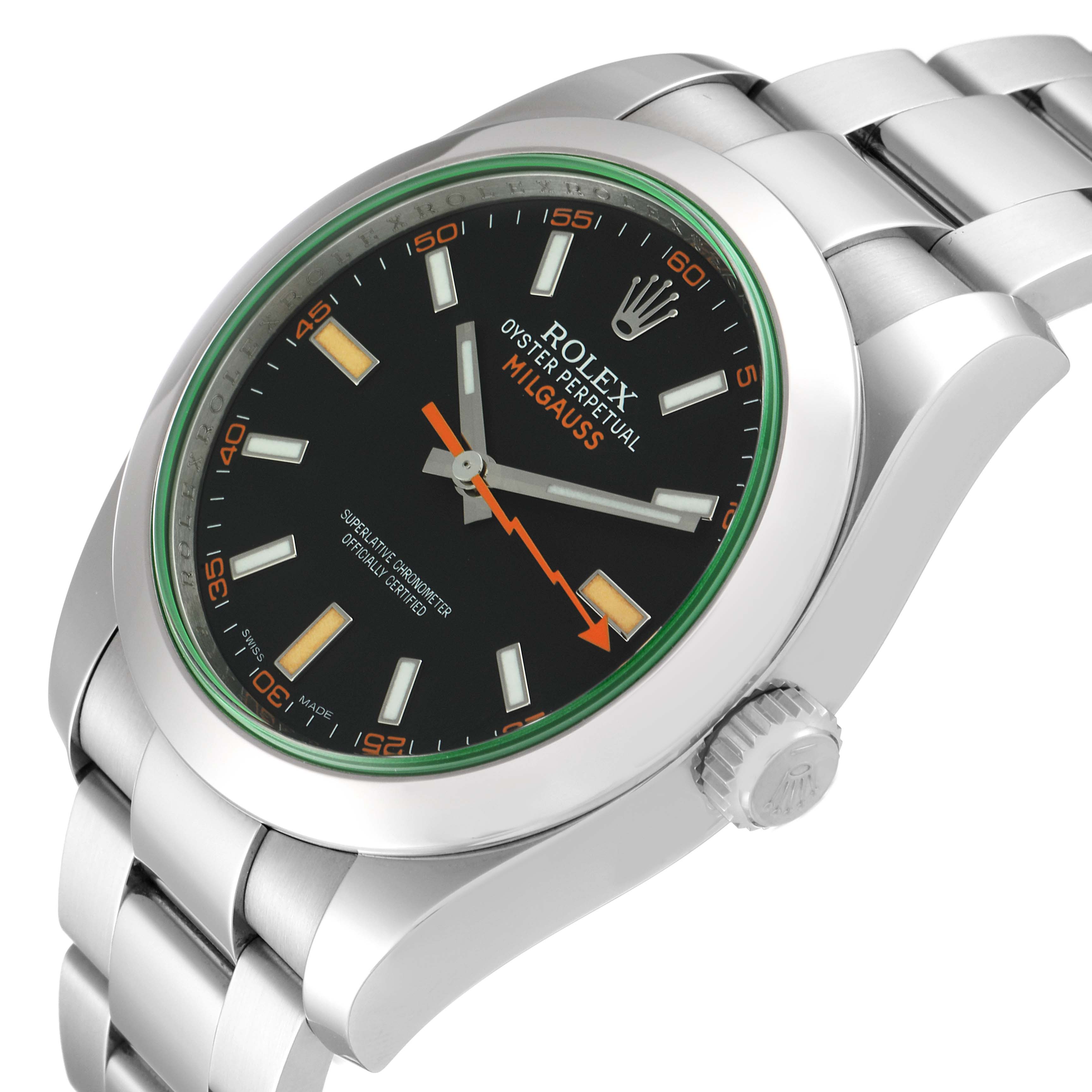 This image shows a Rolex Milgauss 116400GV Men's Stainless Steel Black Dial 116400GV Men's Stainless Steel Black Dial watch at an angle highlighting the dial, bezel, case, crown, and part of the bracelet.