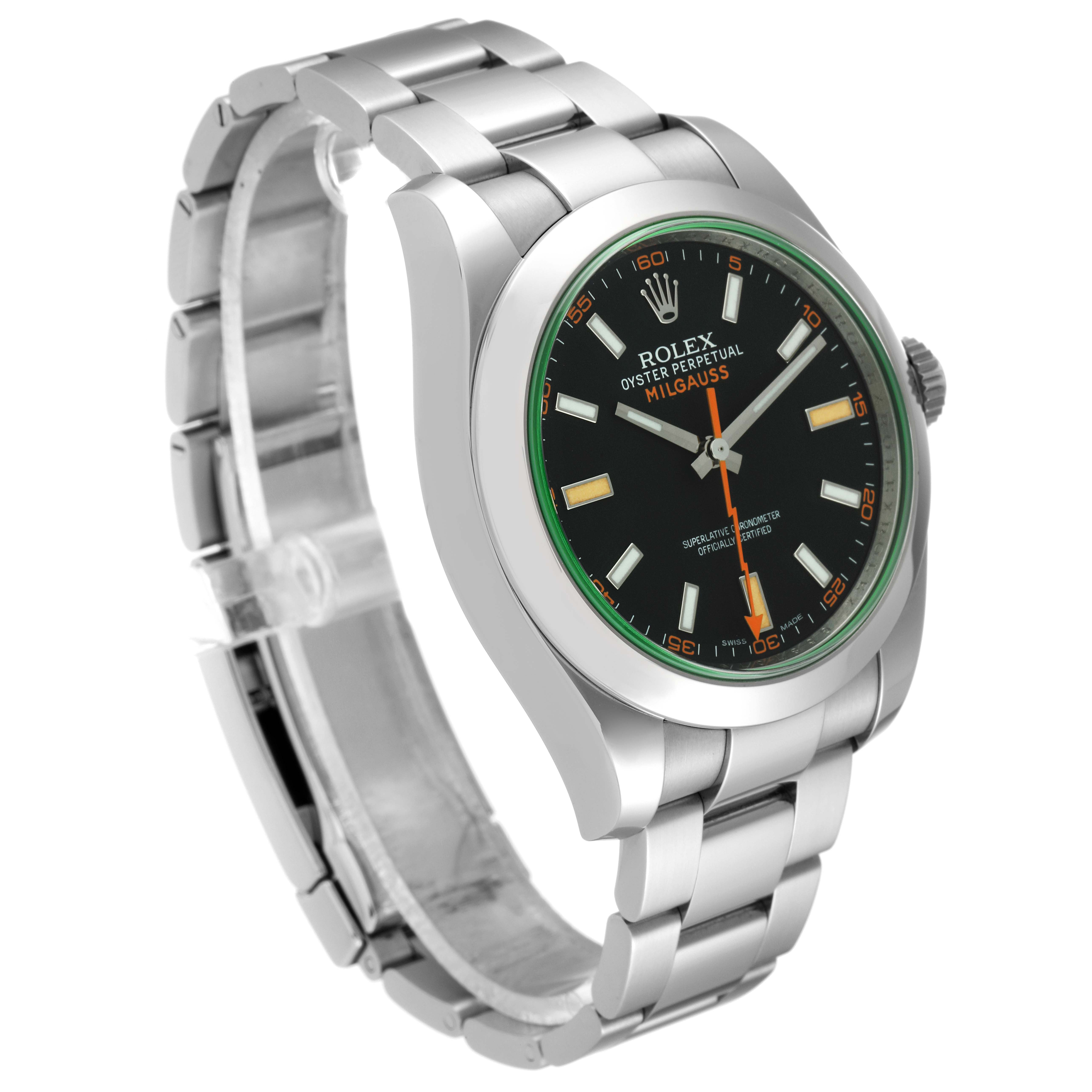 The image shows a Rolex Milgauss 116400GV Men's Stainless Steel Black Dial 116400GV Men's Stainless Steel Black Dial watch at a three-quarters angle, highlighting the dial, bezel, and bracelet.