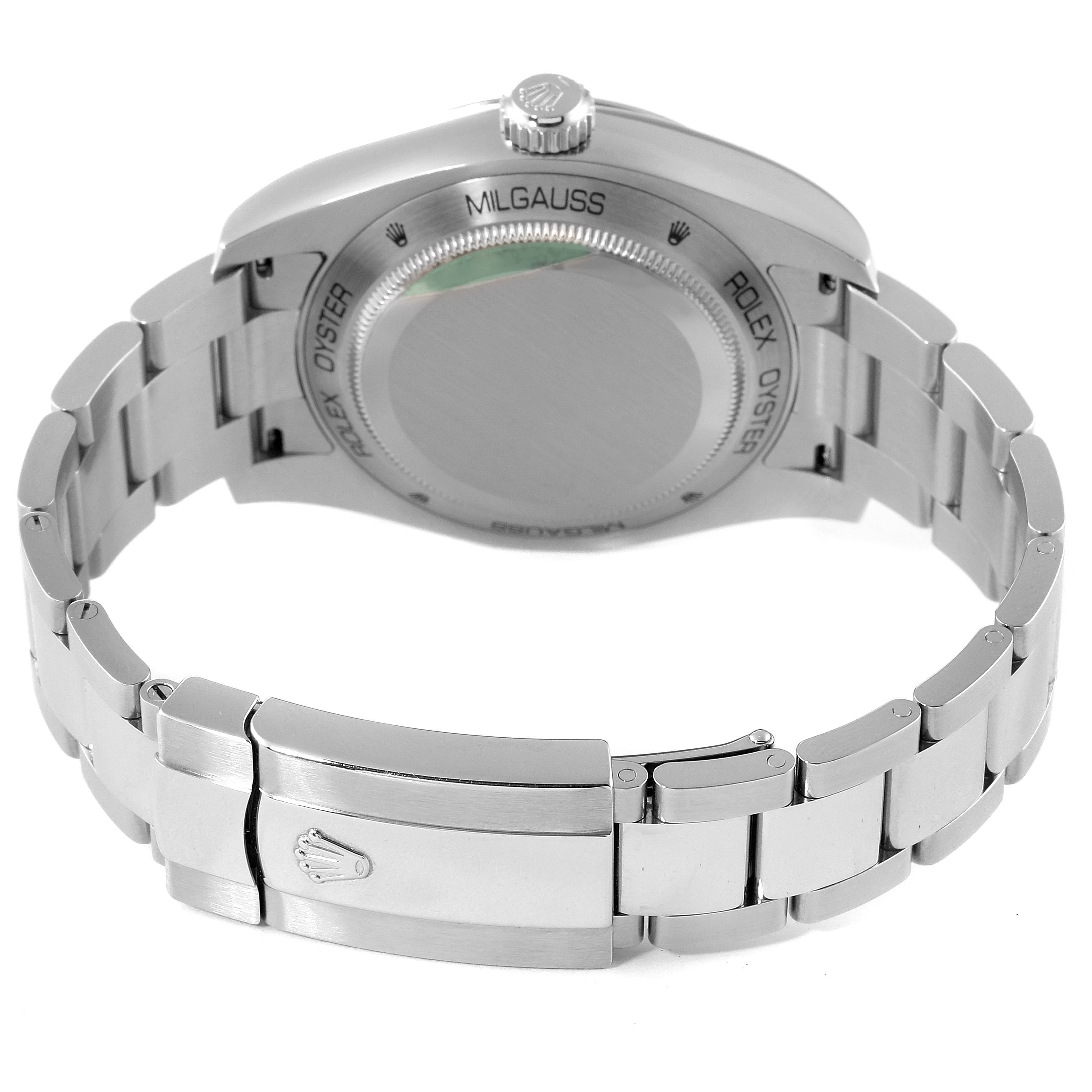 The image shows the back view of the Rolex Milgauss 116400GV Men's Stainless Steel Black Dial 116400GV Men's Stainless Steel Black Dial watch, including its case back, crown, and bracelet with a clasp.