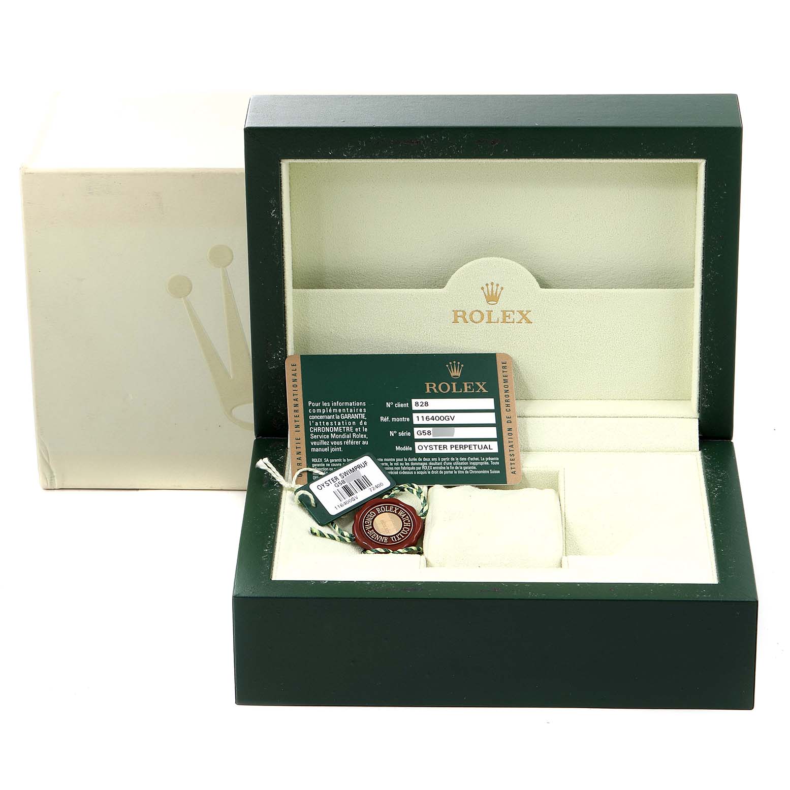The image shows the packaging box, warranty card, and tags for a Rolex Milgauss 116400GV Men's Stainless Steel Black Dial 116400GV Men's Stainless Steel Black Dial model.