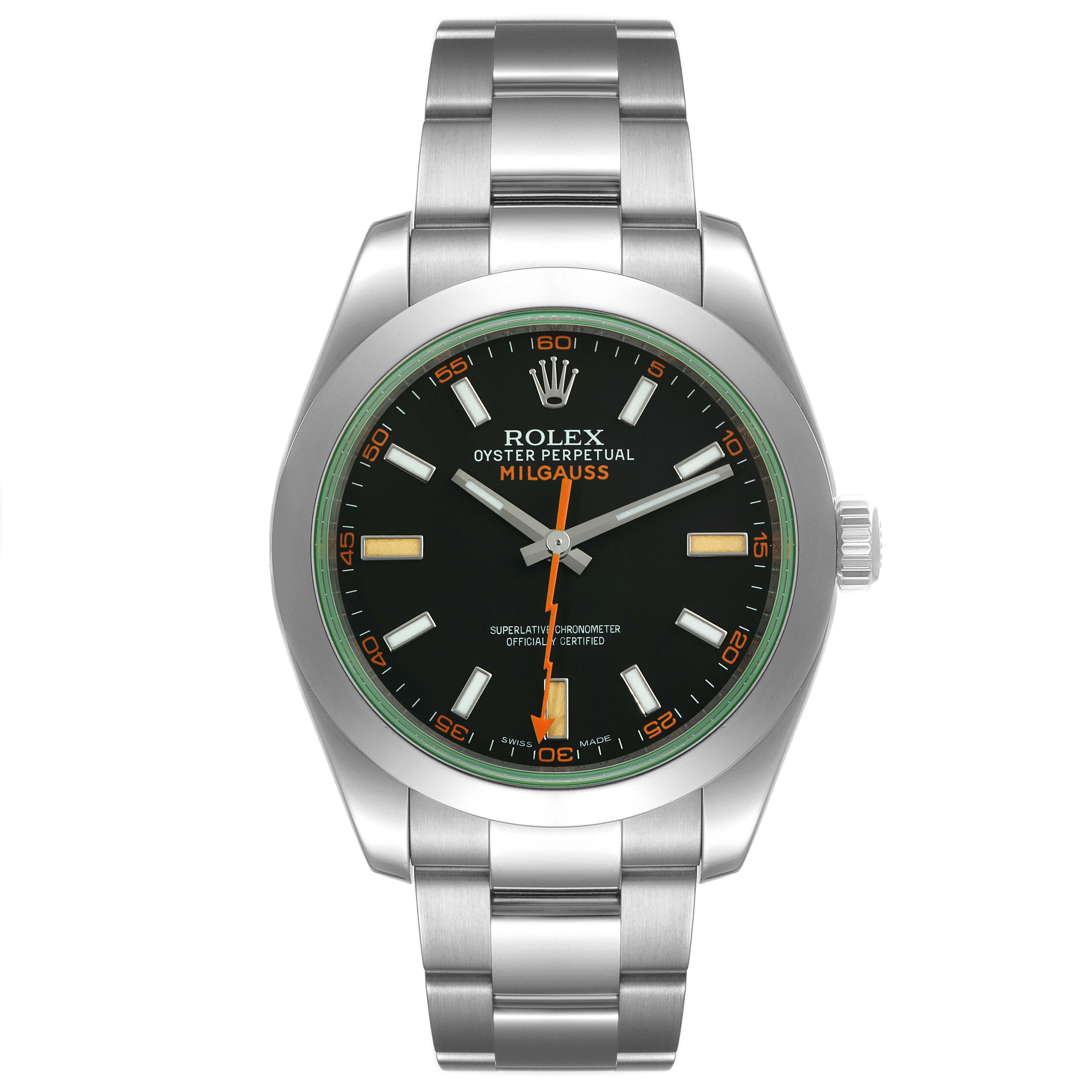 The image shows a front view of the Rolex Milgauss 116400GV Men's Stainless Steel Black Dial 116400GV Men's Stainless Steel Black Dial watch, displaying the dial, bezel, case, and bracelet.