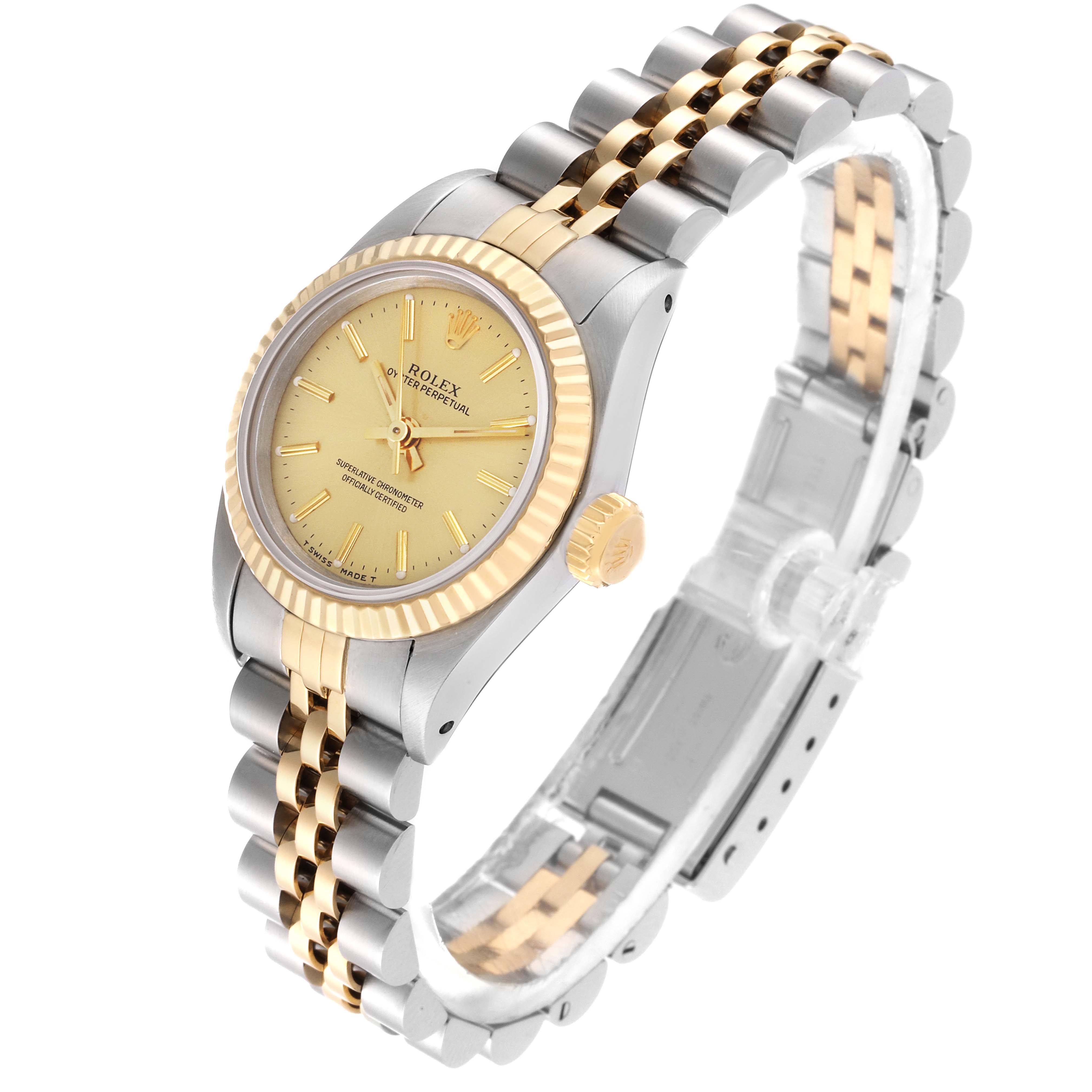 The image shows a side angle view of a Rolex Oyster Perpetual 67193 Women's Steel and Gold (two tone) Champagne Dial 67193 Women's Steel and Gold (two tone) Champagne Dial watch, highlighting its bezel, dial, crown, and two-tone bracelet.