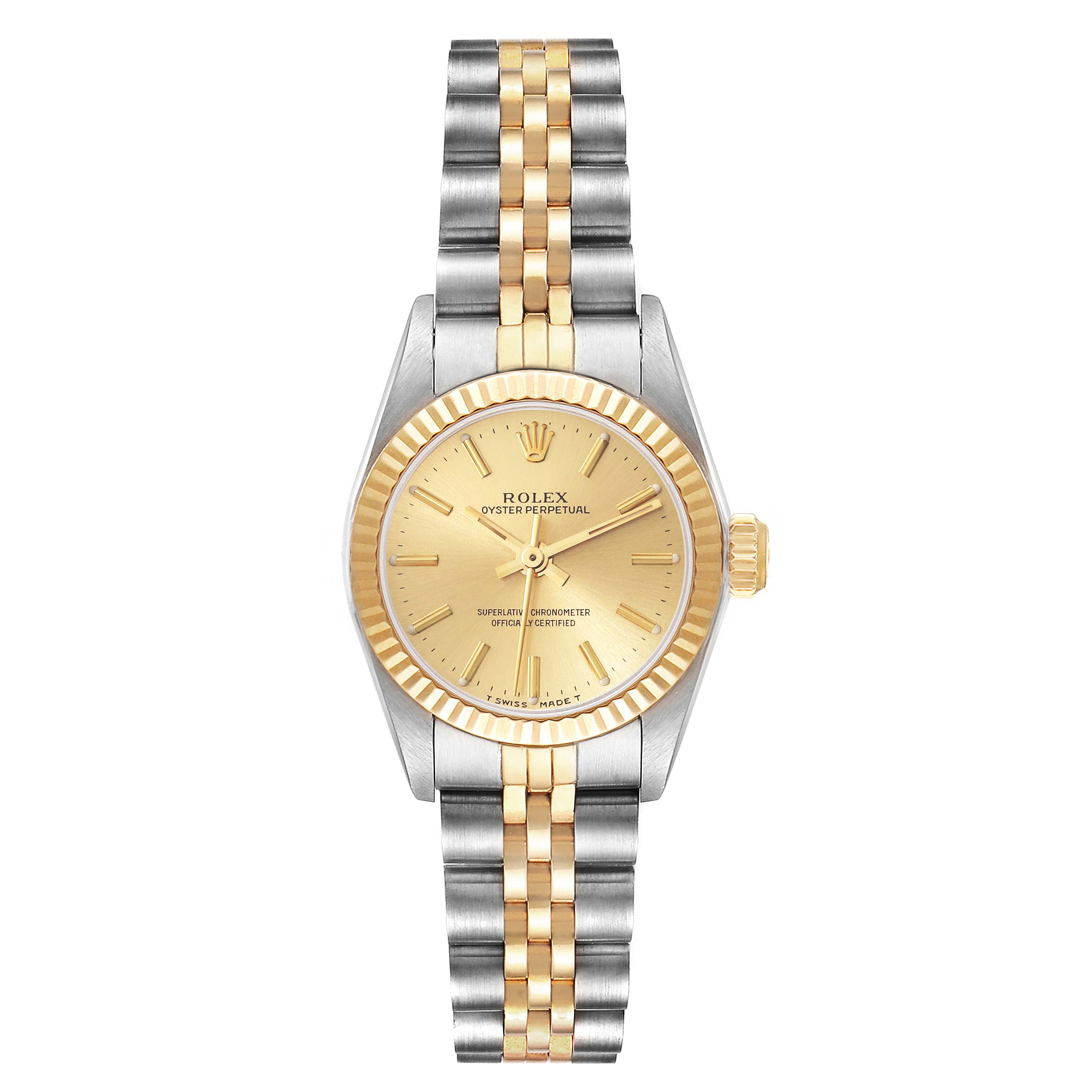 The image shows a front view of a Rolex Oyster Perpetual 67193 Women's Steel and Gold (two tone) Champagne Dial 67193 Women's Steel and Gold (two tone) Champagne Dial watch, with a two-tone bracelet and gold dial.