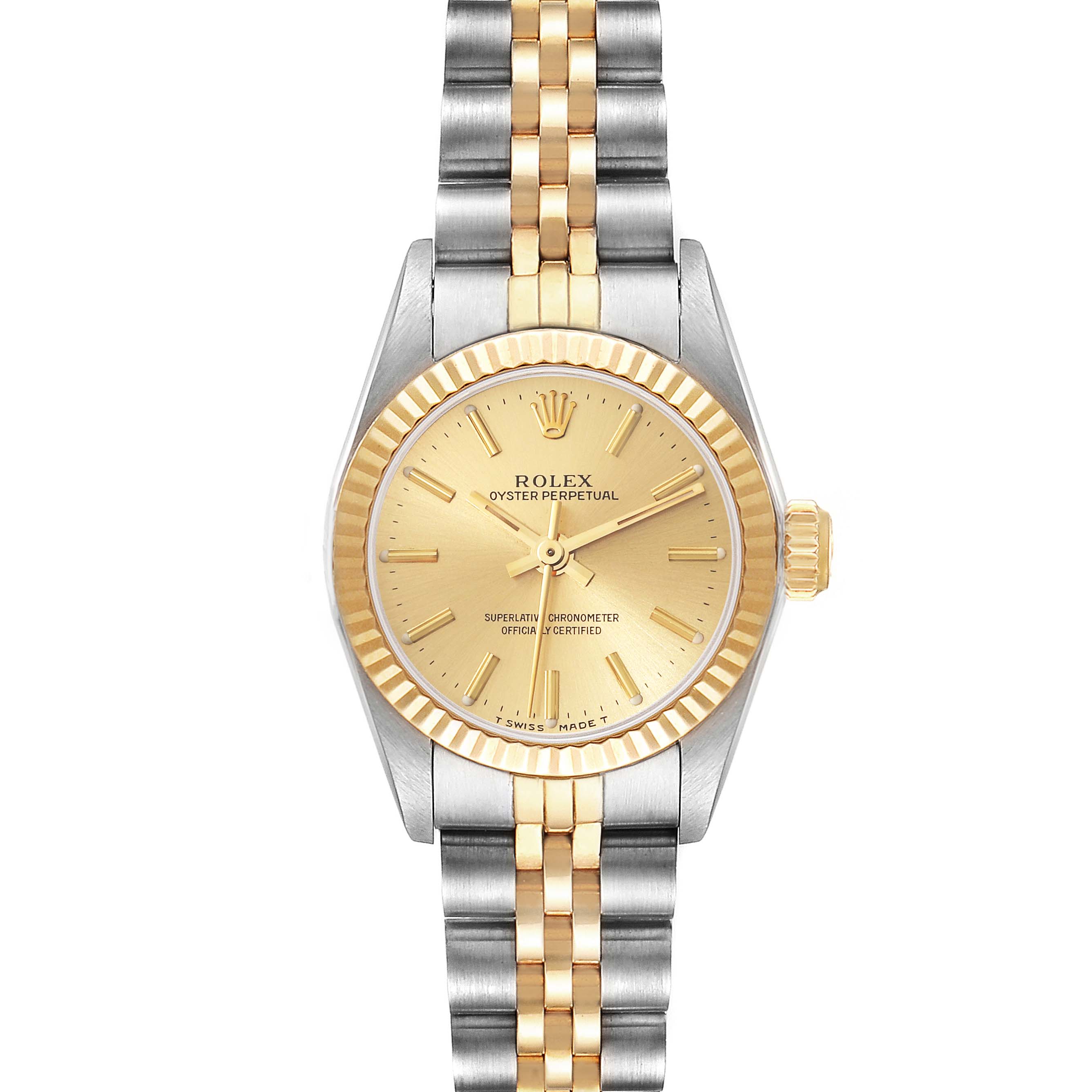 The Rolex Oyster Perpetual 67193 Women's Steel and Gold (two tone) Champagne Dial 67193 Women's Steel and Gold (two tone) Champagne Dial watch is shown from a front angle, highlighting its dial, bezel, and two-tone bracelet.