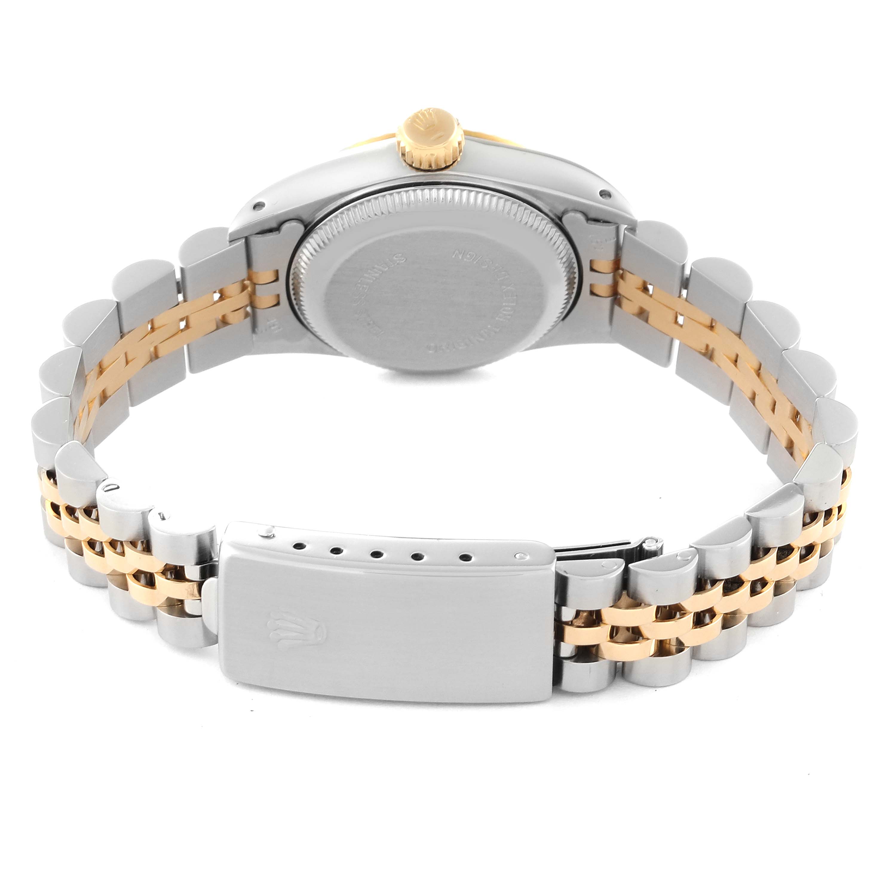 The image shows the back and bracelet of a Rolex Oyster Perpetual 67193 Women's Steel and Gold (two tone) Champagne Dial 67193 Women's Steel and Gold (two tone) Champagne Dial watch, highlighting the clasp, case back, and bi-color links.