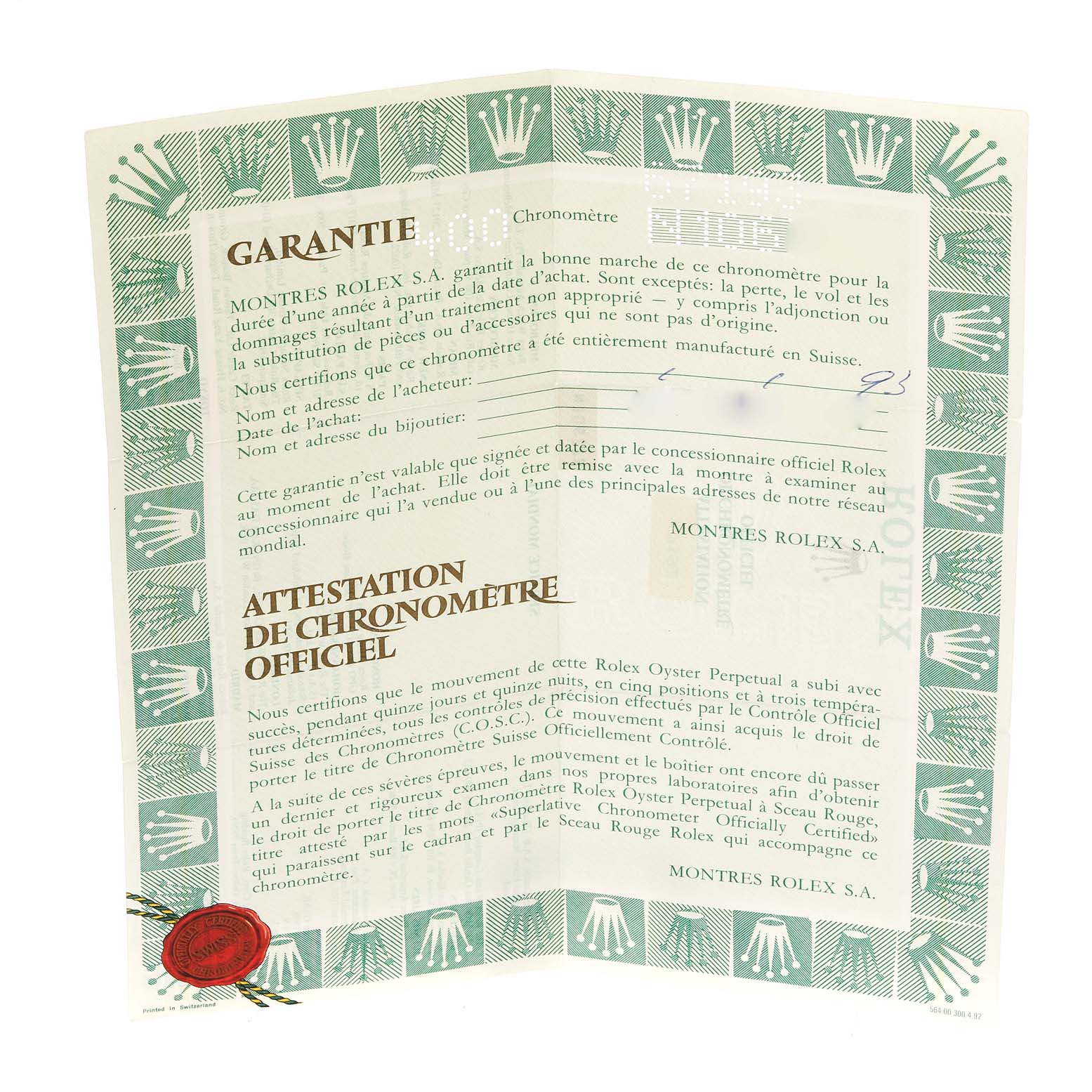 This image shows a warranty certificate for the Rolex Oyster Perpetual 67193 Women's Steel and Gold (two tone) Champagne Dial 67193 Women's Steel and Gold (two tone) Champagne Dial watch.