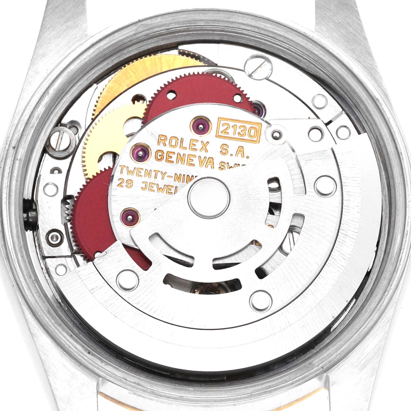 This is a close-up view of the internal movement parts of a Rolex Oyster Perpetual 67193 Women's Steel and Gold (two tone) Champagne Dial 67193 Women's Steel and Gold (two tone) Champagne Dial watch.