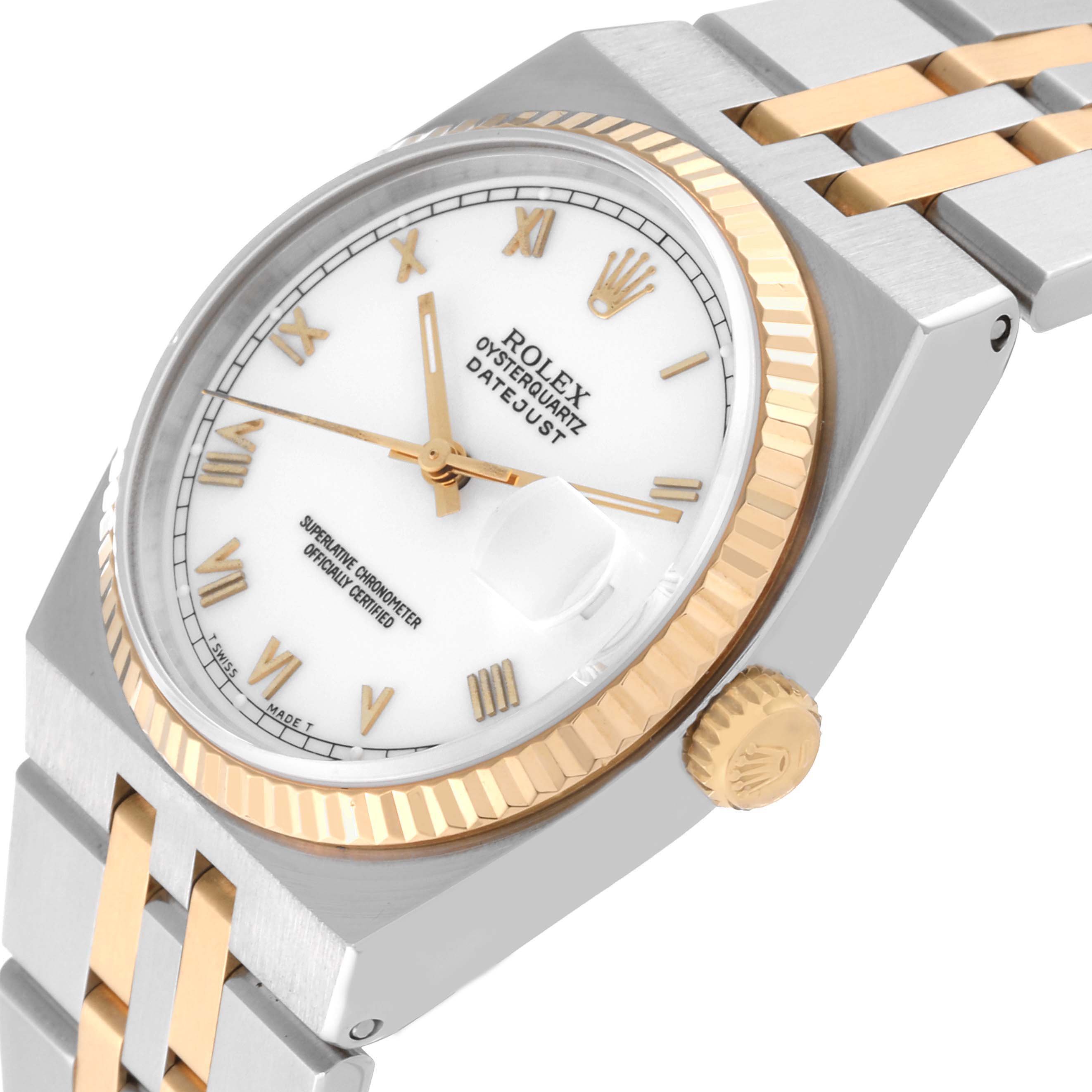 This image shows a close-up angled view of the Rolex Oysterquartz 17013 Men
s Steel and Gold (two tone) White Dial 17013 Men
s Steel and Gold (two tone) White Dial watch, highlighting its white dial, gold bezel, and two-tone bracelet.