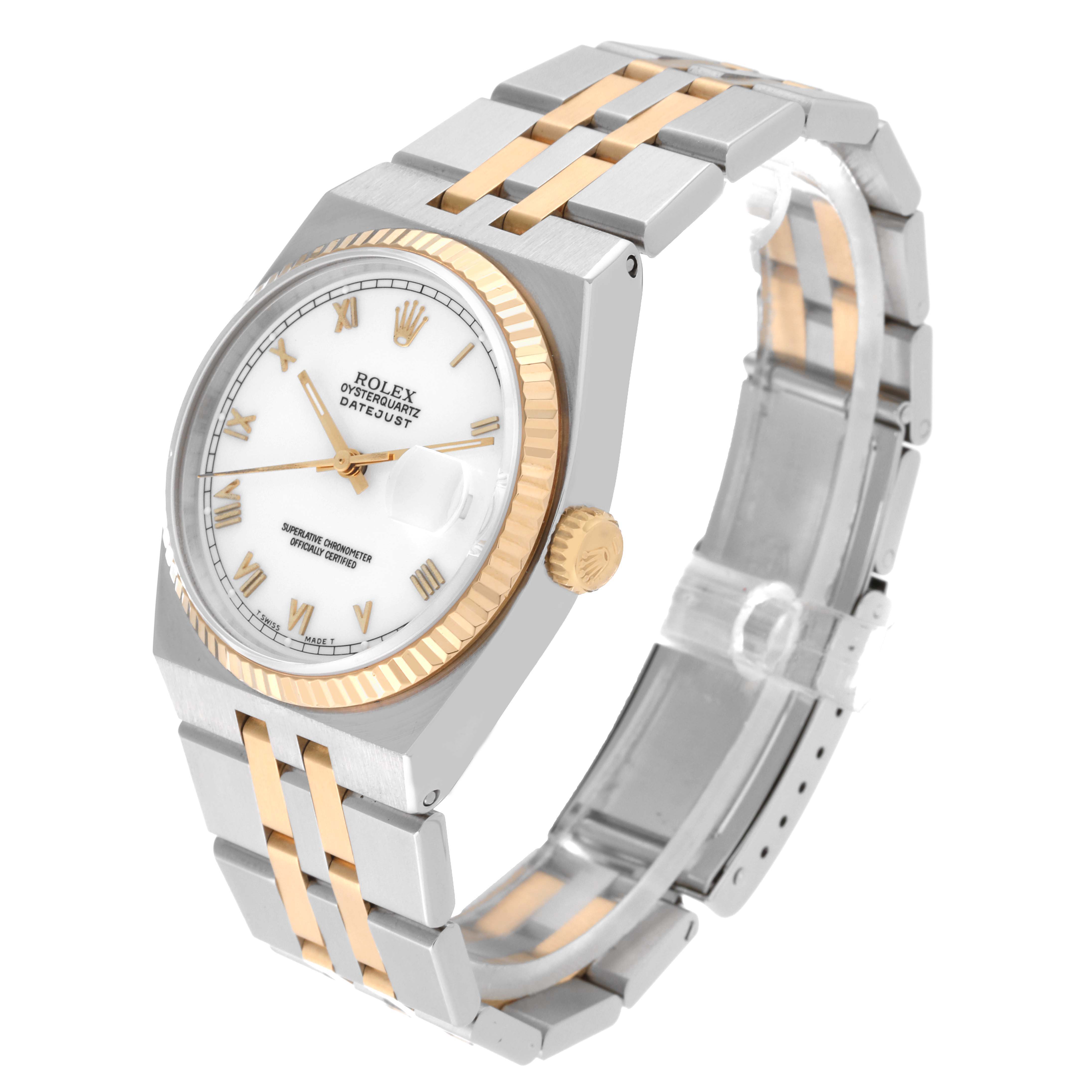 The Rolex Oysterquartz 17013 Men
s Steel and Gold (two tone) White Dial 17013 Men
s Steel and Gold (two tone) White Dial watch is shown at a slightly tilted angle, displaying the face, bezel, crown, and stainless steel and gold bracelet.